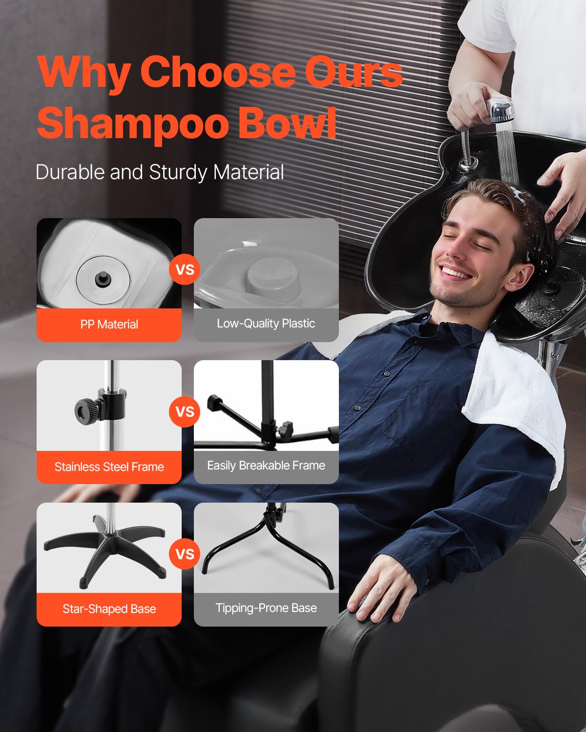 Dark Slate Gray VEVOR Portable Shampoo Bowl, Deep Shampoo Sink with Adjustable Height & Angle, Includes Drain Hose, Shower Head, Lightweight Hair Wash Basin for Barber Salon Spa Center & Home Use, Black