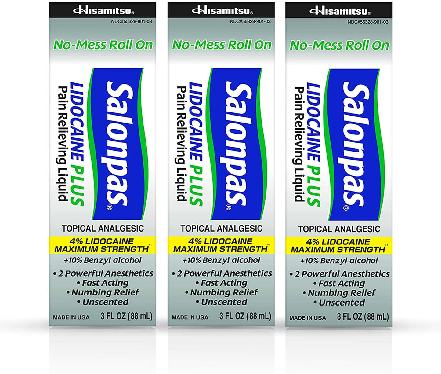 White Smoke Salonpas LIDOCAINE Plus 3 oz ROLL ON Pain Relieving Liquid! Maximum Strength 4% Lidocaine for Numbing Pain Relief! Mess Free Application! (3 Pack)