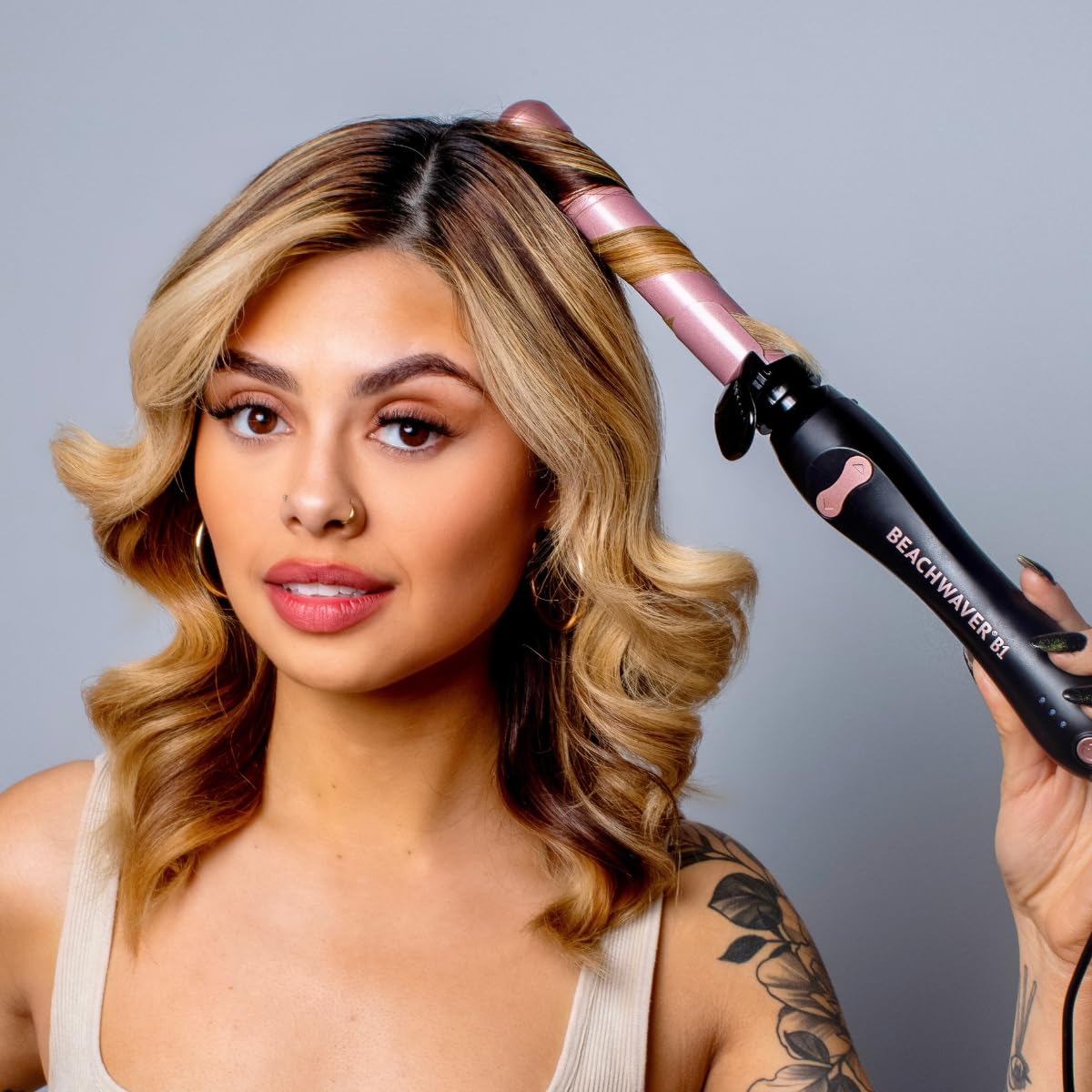 Gray The Beachwaver Co. B1 Rotating Curling Iron - Automatic 1" Ceramic Curling Iron - Easy-to-Use Spinning Wand for Long-Lasting Waves, Auto-Shut Off, Travel-Friendly, Dual Voltage (BW160), Midnight Rose