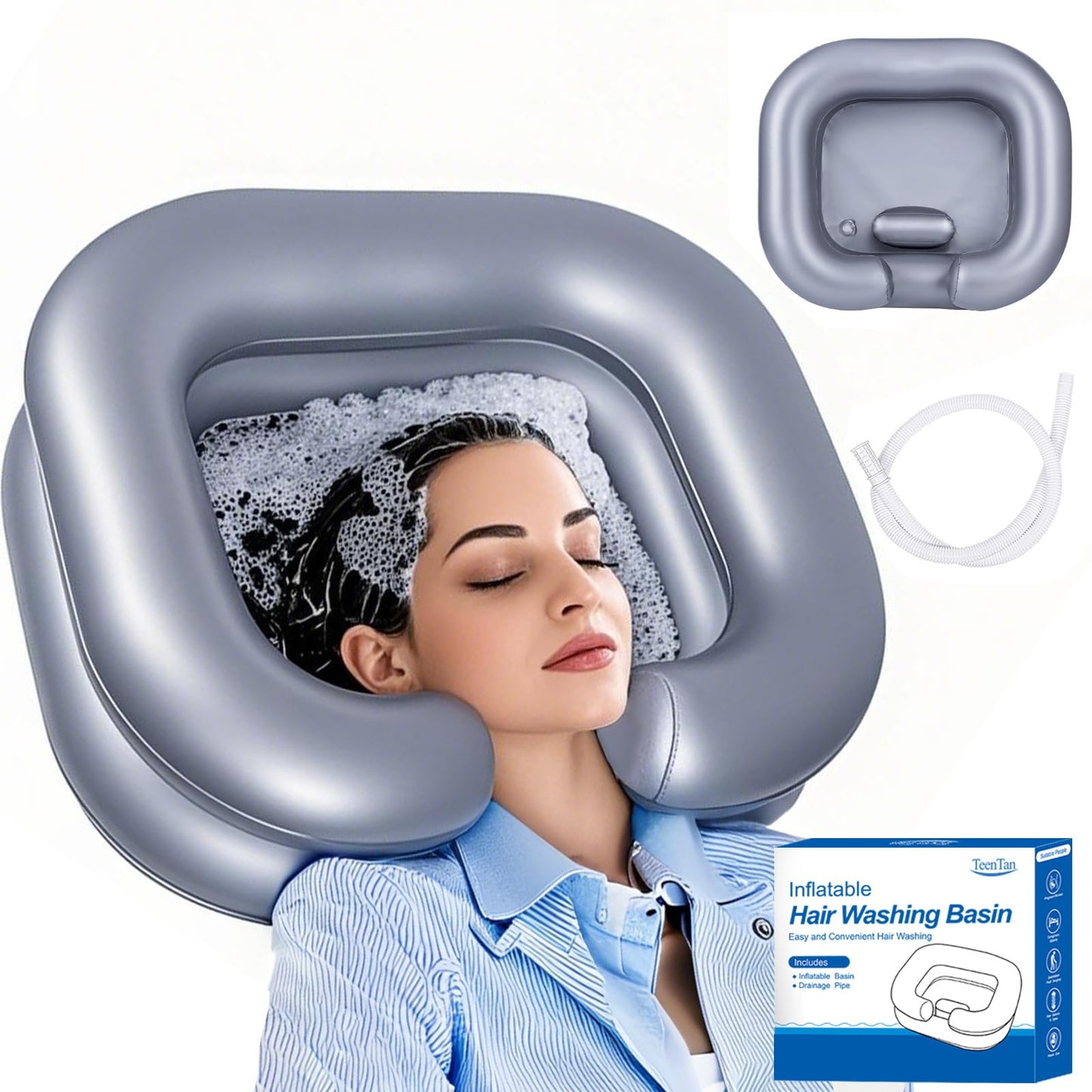 White Smoke Inflatable Shampoo Basin for Bedridden and Disabled,Portable Shampoo Bowl for Injured, Hair Washing Basin for Childred,Pregnant Woman,Easy Hair Washing at Home (Silvery)