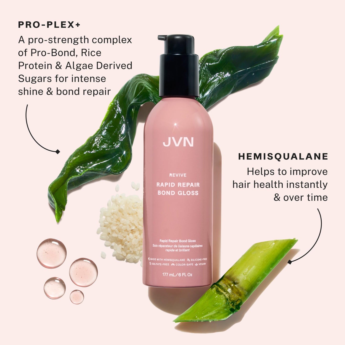 Misty Rose JVN Revive Rapid Repair Bond Gloss, 6 Fl Oz, Hair Shine Gloss Serum and Bond Repair Treatment, Repairs Damaged, Color Treated, or Fragile Hair, Silicone Free