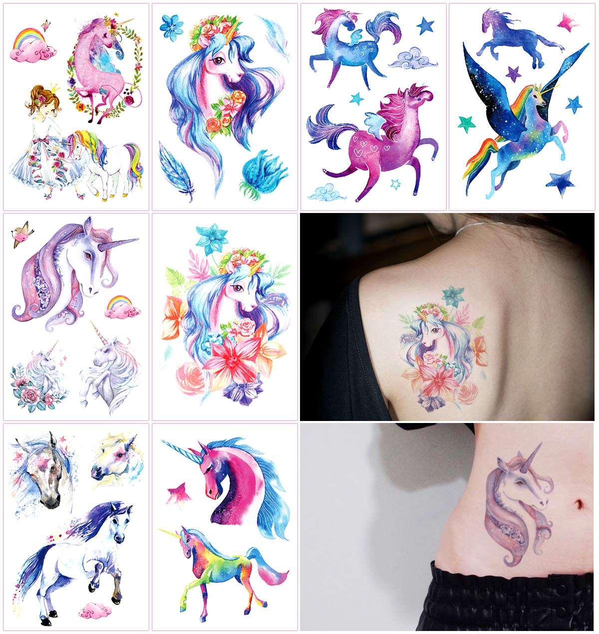 White Smoke Oottati 8 Sheets Temporary Tattoo Stickers Arm Leg Fake, Hand Paint Fairy Tales Horse Wing Unicorn Pegasus for Women