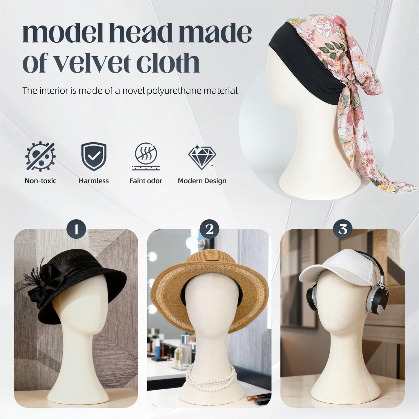 Lavender Nyxaphoralyn Wig Head Stand Mannequin Head Hat Display Stand Velvet Wig Holder for Mask, Headdress, Necklace (White)