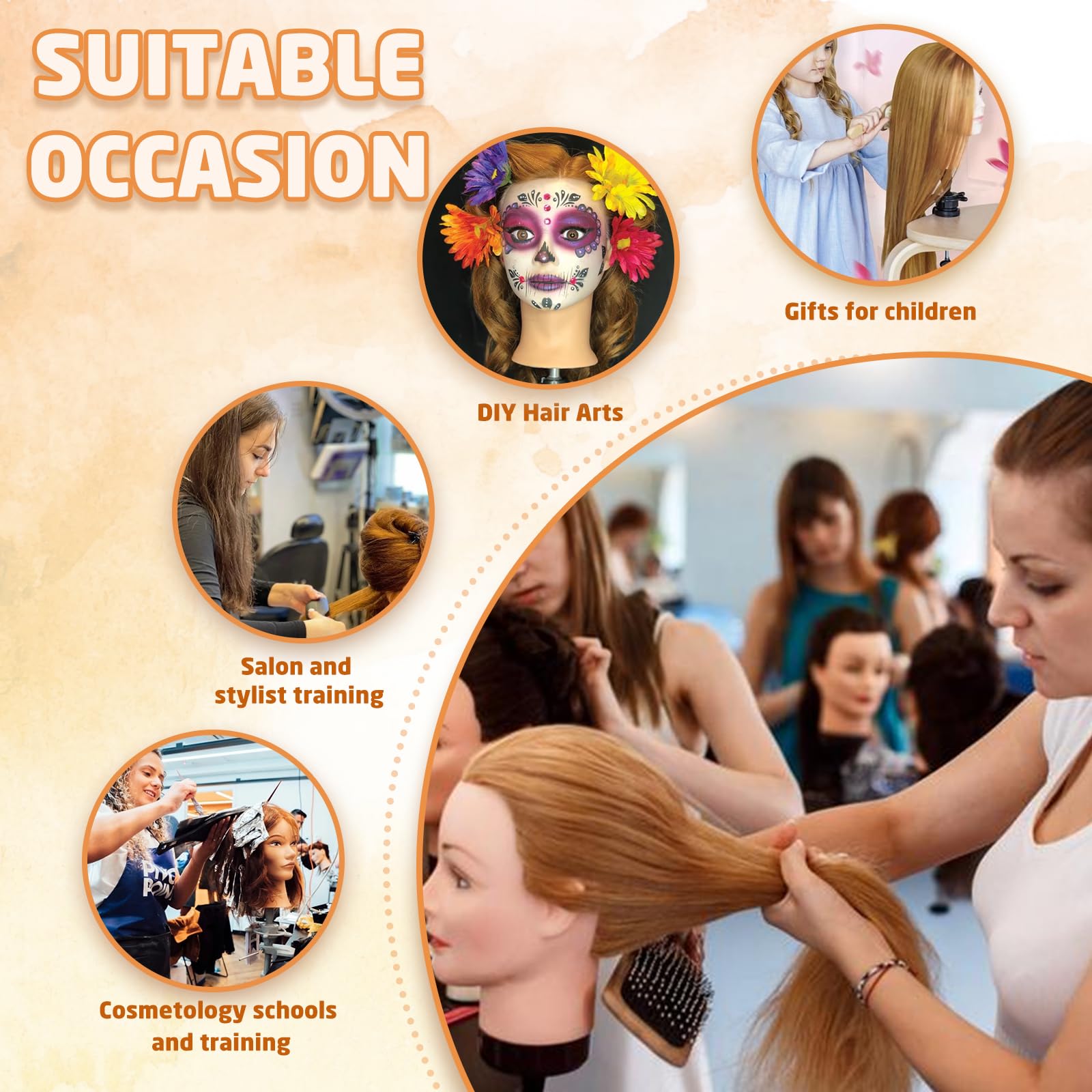 Bisque Mannequin Head Human Hair- Cosmetology Manikin Doll Head with 80% Real Hair for Hairdresser Practice Styling Braiding & Free Clamp Holder (Black Brown)
