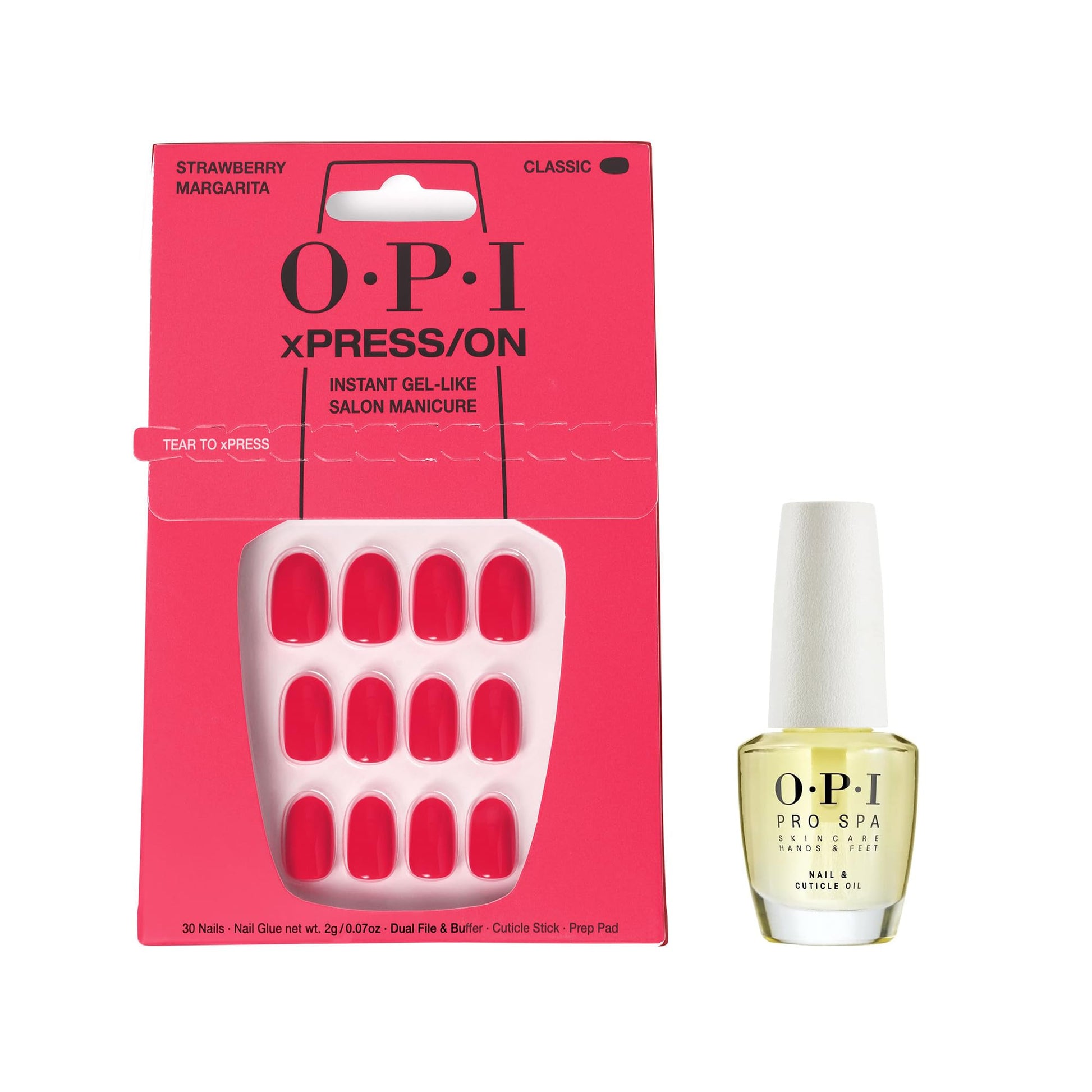 White Smoke Bundle of OPI xPress/On Press On Nails, With Nail Glue, Short Pink Nails,Strawberry Margarita + OPI ProSpa Nail and Cuticle Oil, 0.5 fl oz