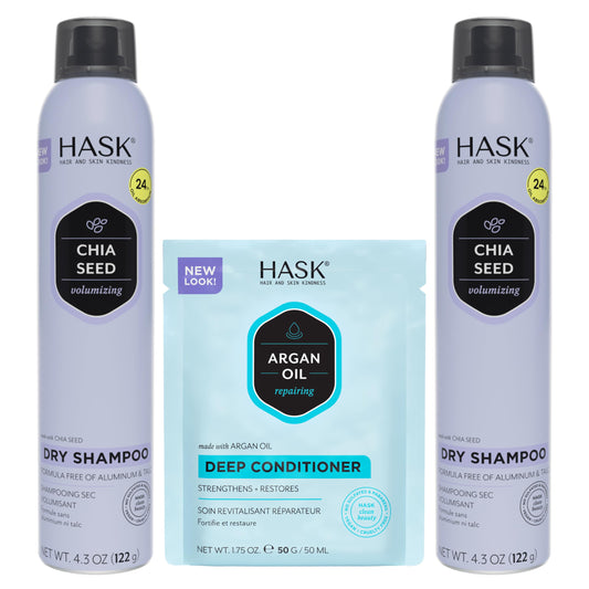 White Smoke HASK Chia Seed Volumizing Dry Shampoo Duo (4.3oz-Qty 2) & Argan Oil Repairing Deep Conditioner Packette, Aluminum-Free, Sulfate-Free, Paraben-Free, Color Safe, for All Hair Types