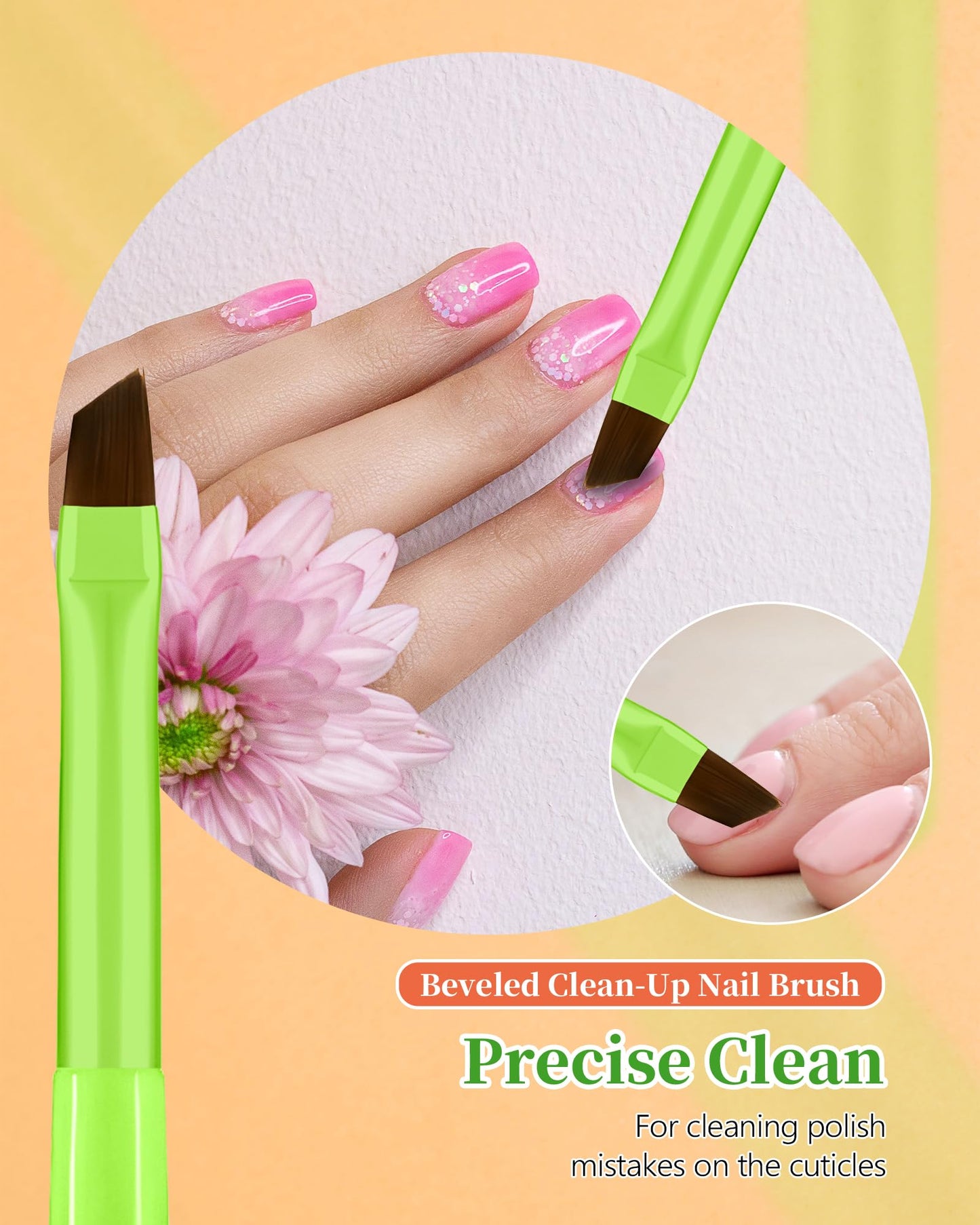 Light Goldenrod 3PCS Nail Polish Clean Up Brush, Round&Falt&Angled Acetone Resistant Nail Brush for OPI Nail Polish Remover, Fingernail Cleaning Brushes at Home Nail Art and Designs(Bright Green)