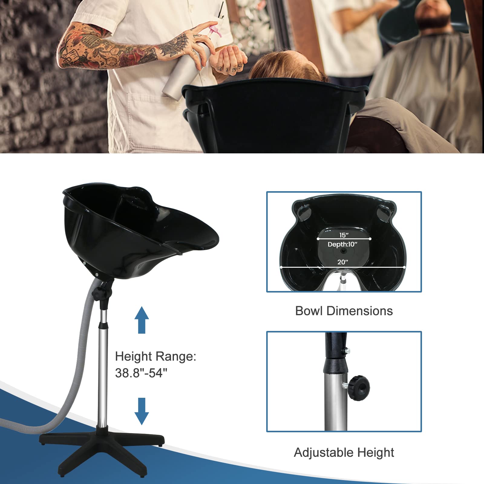 White Smoke Height Adjustable Portable Salon Deep Shampoo Basin Sink Hair Treatment Bowl with Drain Hose Black