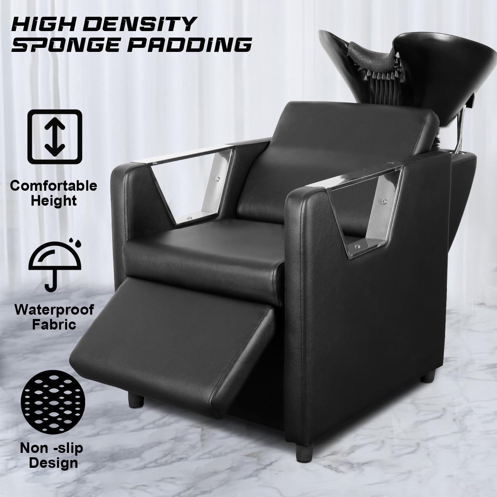 Black Polar Aurora Backwash Chair Adjustable ABS Plastic Shampoo Bowl Sink with Leg Support for Spa Beauty Salon