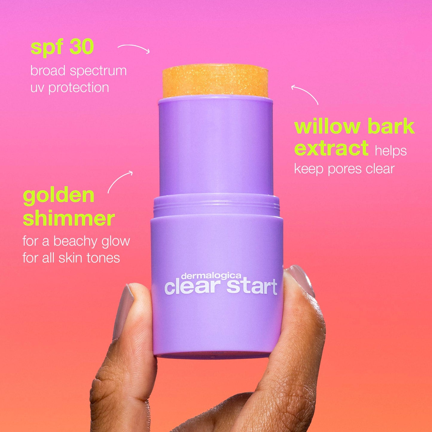 Hot Pink Dermalogica Clear Start Golden Hour Hydrating SPF 30 Stick, Shimmer Sunscreen - Hydrating and Pore Clearing, 0.68 oz
