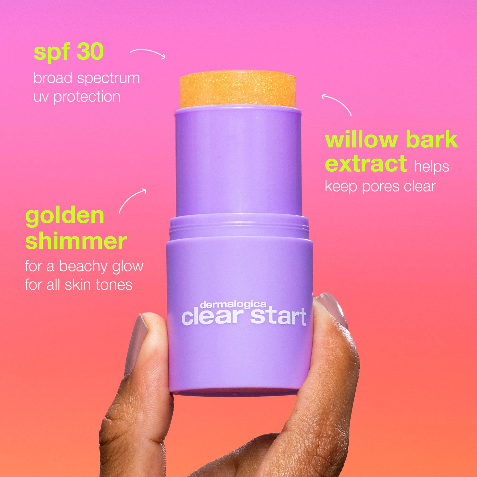 Hot Pink Dermalogica Clear Start Golden Hour Hydrating SPF 30 Stick, Shimmer Sunscreen - Hydrating and Pore Clearing, 0.68 oz