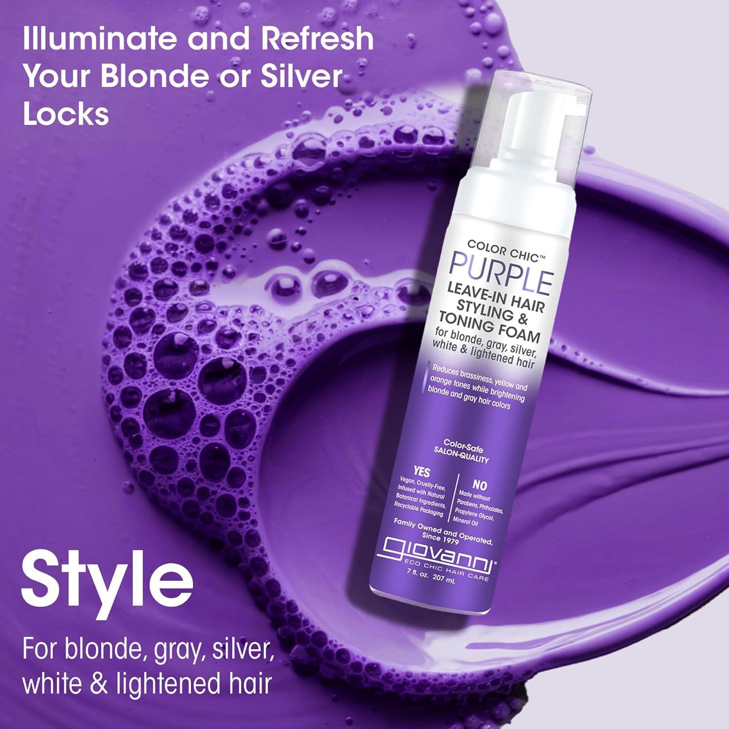 Slate Blue GIOVANNI Color Chic Purple Leave-In Hair Styling & Toning Foam - Purple Foam for Blonde, Gray, Brassy, Fine Hair, Gives Volume & Shine for Women & Men - 7 fl oz (Pack of 1)