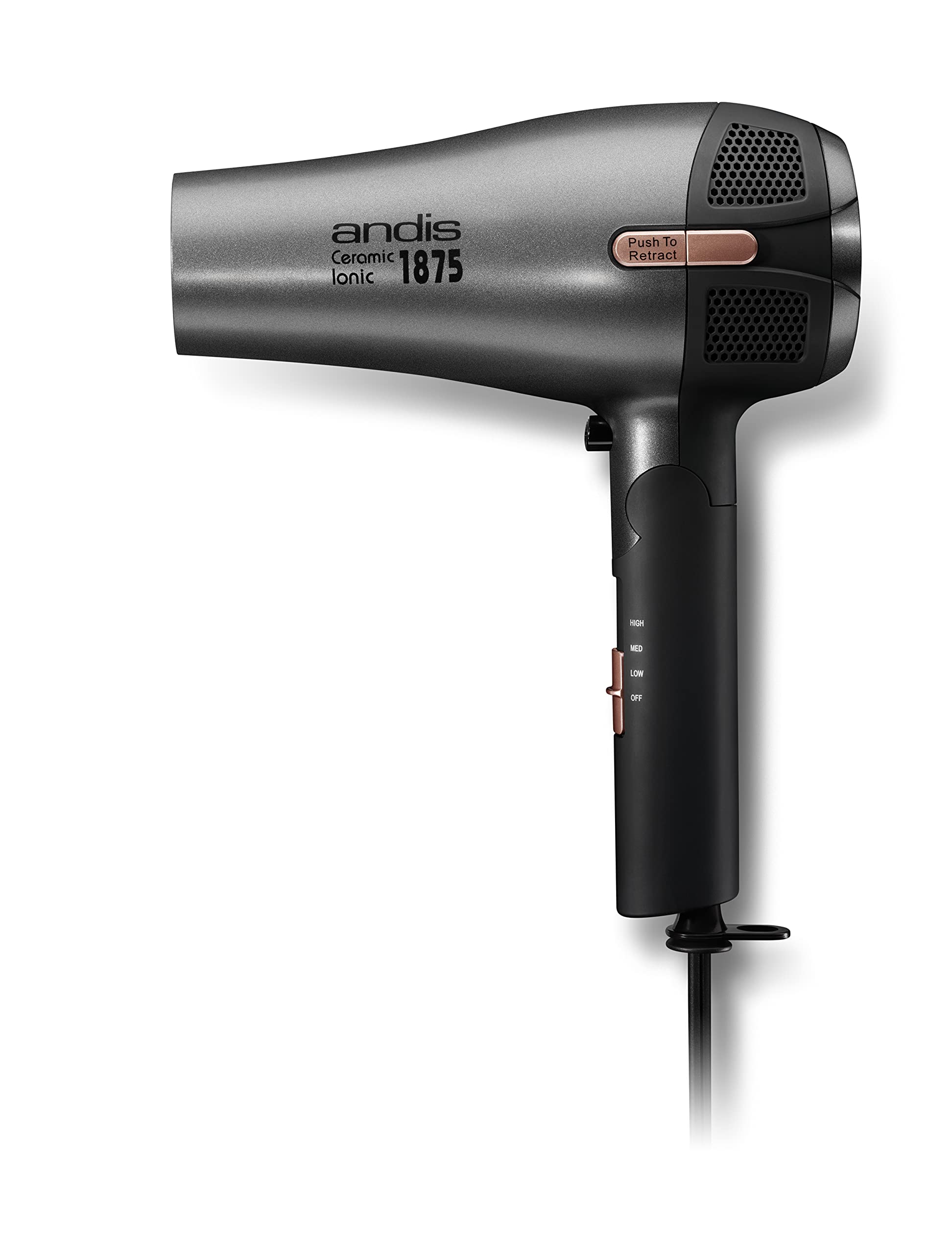 White Smoke Andis 80280 Fold-n-go 1875 Watt Ceramic Ionic Dryer, Retractable Cord, Lightweight with Professional Blowout Results, Quick Drying Blow Dryer, Black/Silver