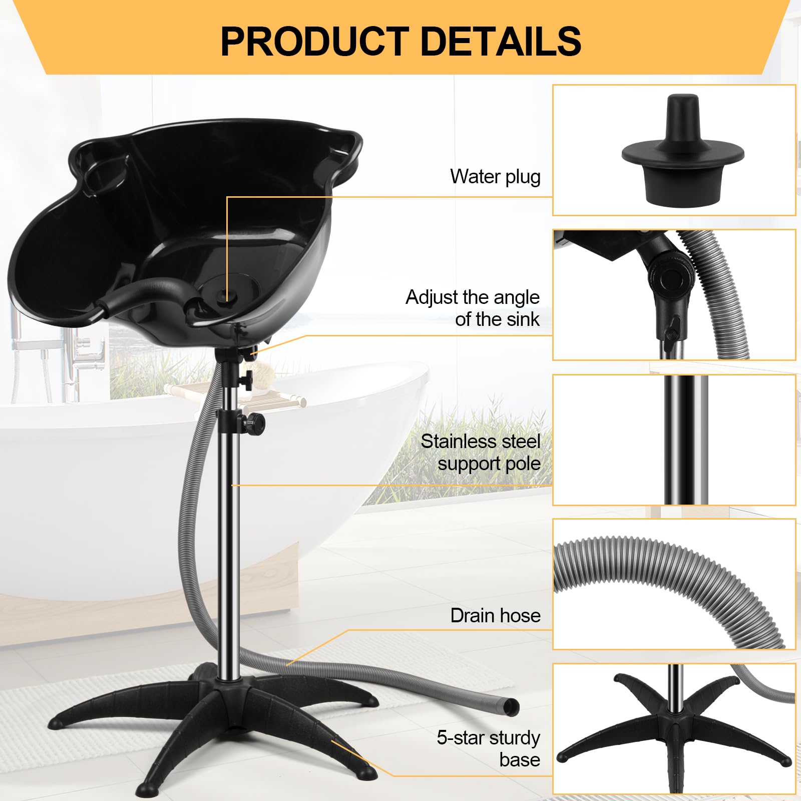 White Smoke Portable Shampoo Bowl, 270 Degree Rotation of Hair Washing Basin, Height Adjustable Salon Sink with Drain Hoses for Home Salon Use (Black)