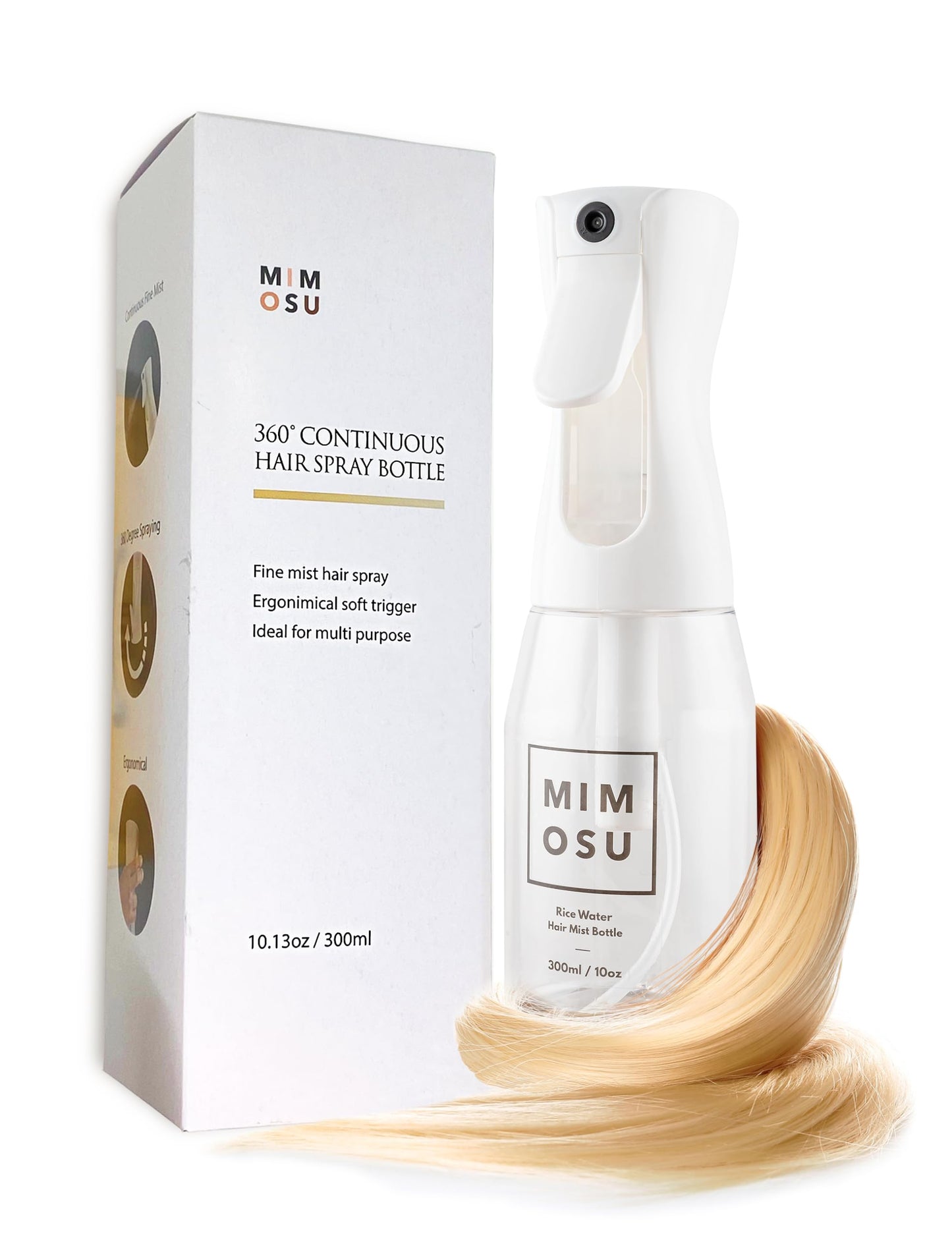 White Smoke mimosu Continuous Mist Spray Bottle, 10oz – Refillable Sprayer for Hair Styling, Salon, Rice Water DIY, Curly Care Product