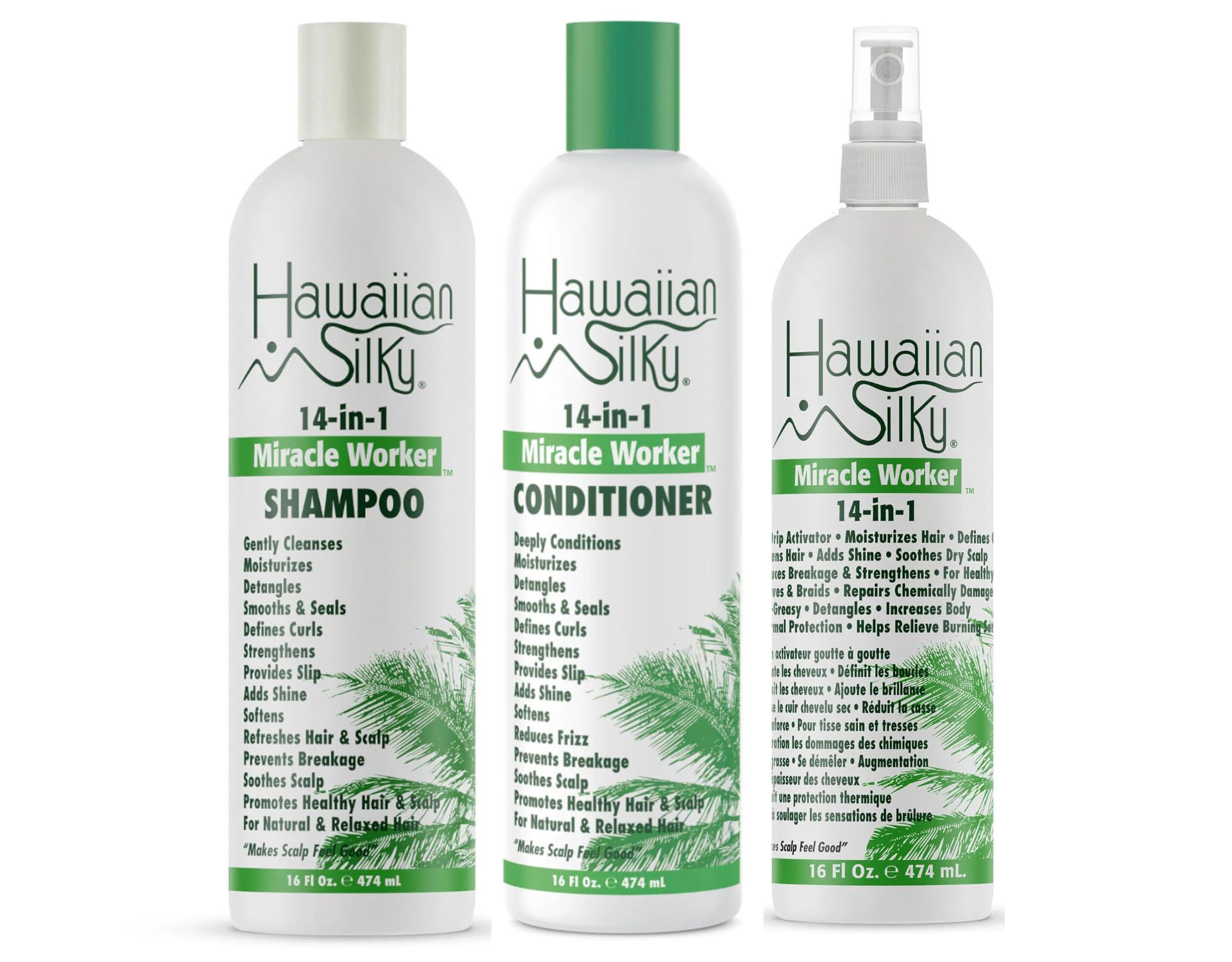 White Smoke Hawaiian Silky 14-in-1 Miracle Worker Hair Care Set, Shampoo, Conditioner and Activator Spray, 16 Fl Oz Each