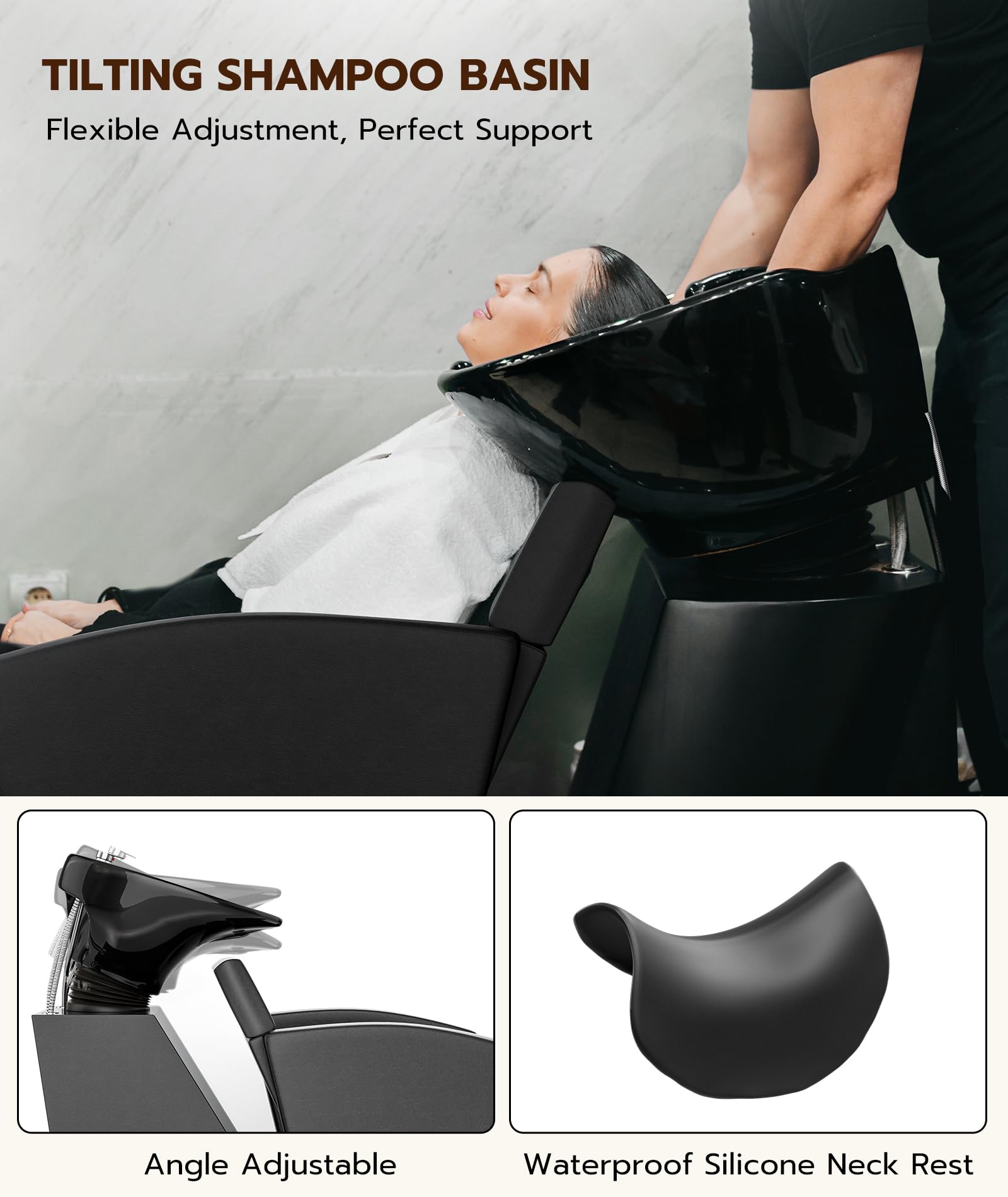 White Smoke Icoget Shampoo Bowl and Chair Set for Salon, Deep Porcelain Tilting Salon Sinks for Hair Stylist, Backwash Shampoo Stations for Barber,Home, Black