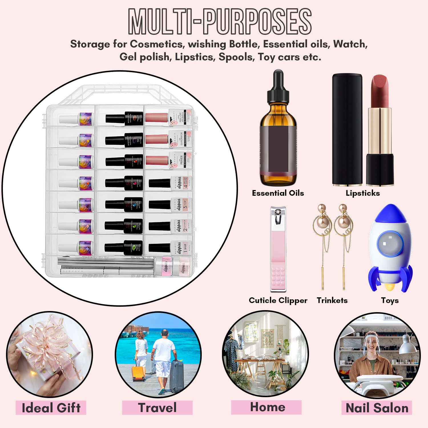 Misty Rose Makartt Nail Polish Organizer: Clear Universal Nail Polish Holder for 48 Bottles, Portable Sturdy Gel Nail Polish Organizer Case with 8 Adjustable Dividers, Space Saver for Nail Bottles Display Travel