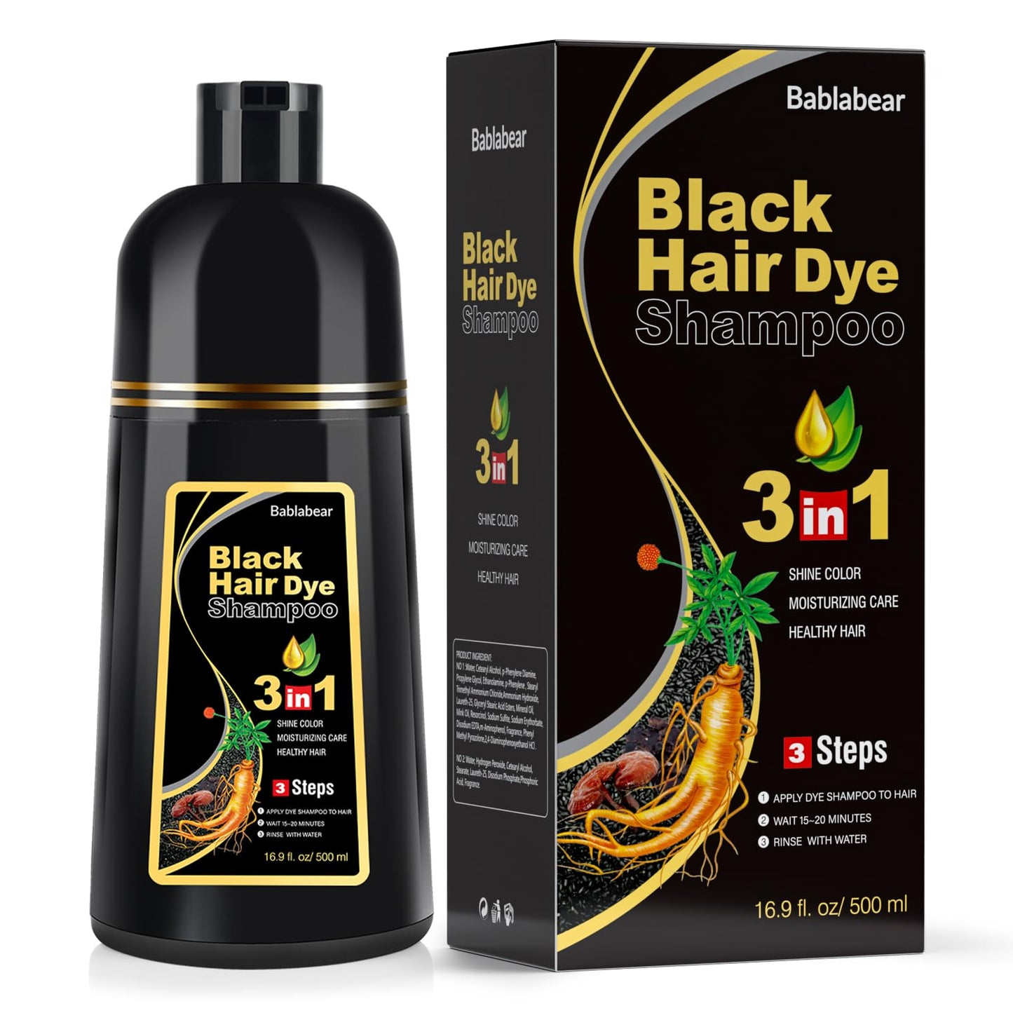 Black Bablabear Black Hair Dye Shampoo for Gray Hair, Semi-Permanent Hair Color Shampoo for Women and Men, Herbal Ingredients, 3 in 1 100% Grey Coverage.Lasts 30 Days/500ml/Natural herbal Ingredients