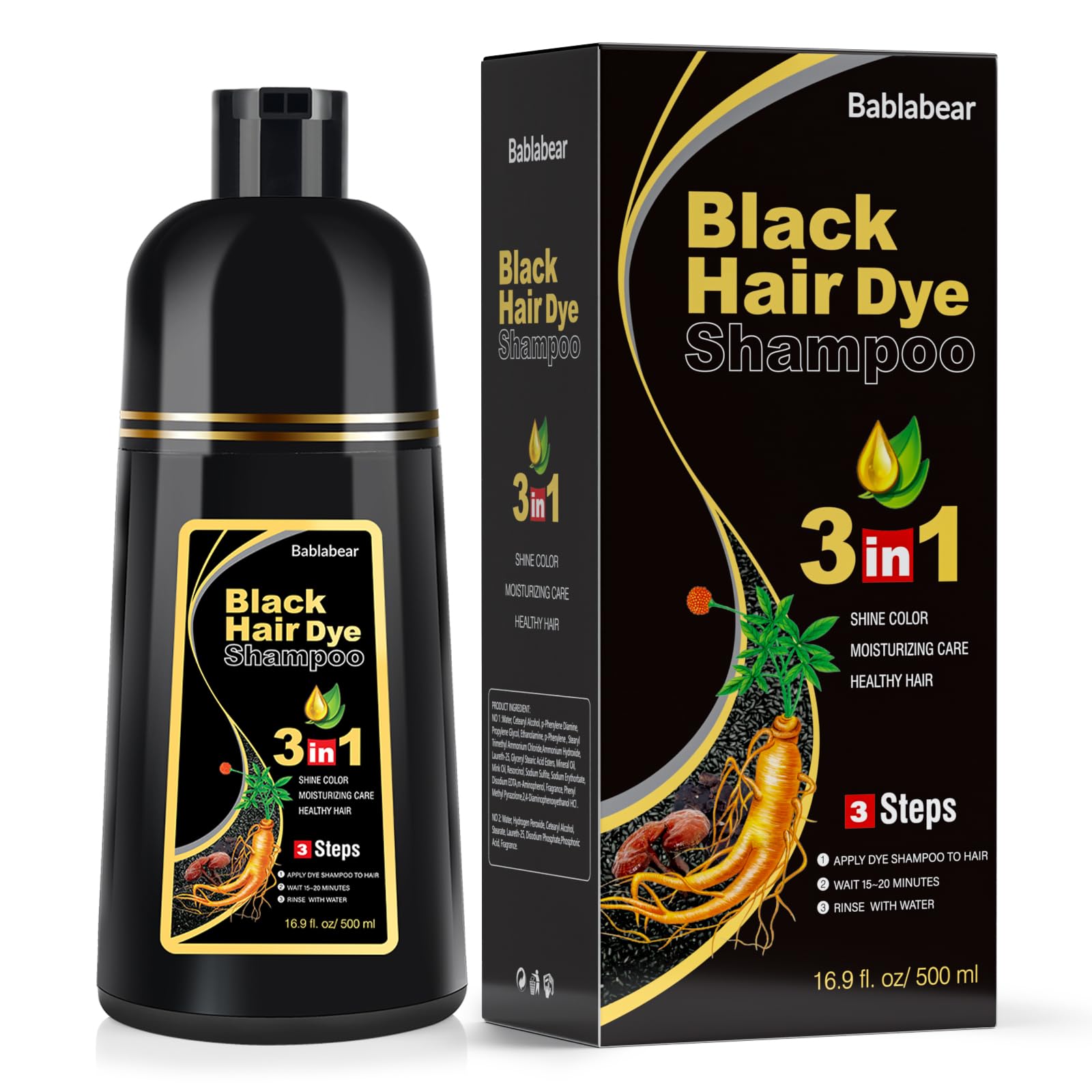 Black Bablabear Black Hair Dye Shampoo for Gray Hair, Semi-Permanent Hair Color Shampoo for Women and Men, Herbal Ingredients, 3 in 1 100% Grey Coverage.Lasts 30 Days/500ml/Natural herbal Ingredients