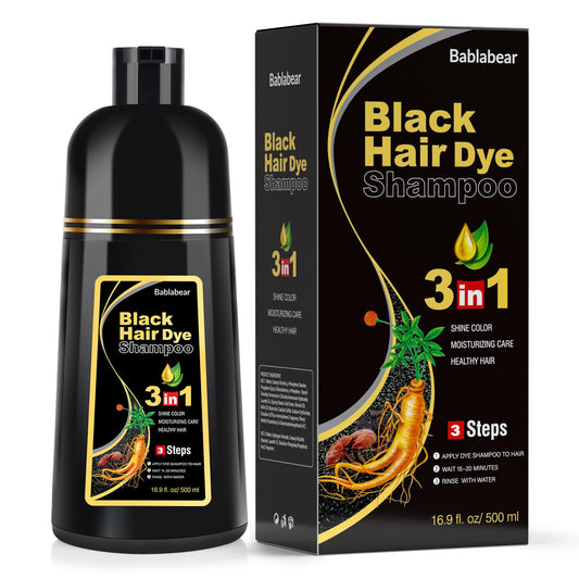 Black Bablabear Black Hair Dye Shampoo for Gray Hair, Semi-Permanent Hair Color Shampoo for Women and Men, Herbal Ingredients, 3 in 1 100% Grey Coverage.Lasts 30 Days/500ml/Natural herbal Ingredients