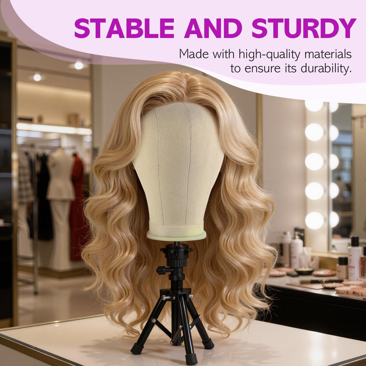 Lavender Blush Wig Stand - Wig Stand with Head Canvas Wig Head Mannequin Head for Heavy Wigs, Wig Head Stand Manikin Head Wig Head for Wigs Making Display Styling(Wig not included), Wig Stand Tripod Height Adjustable