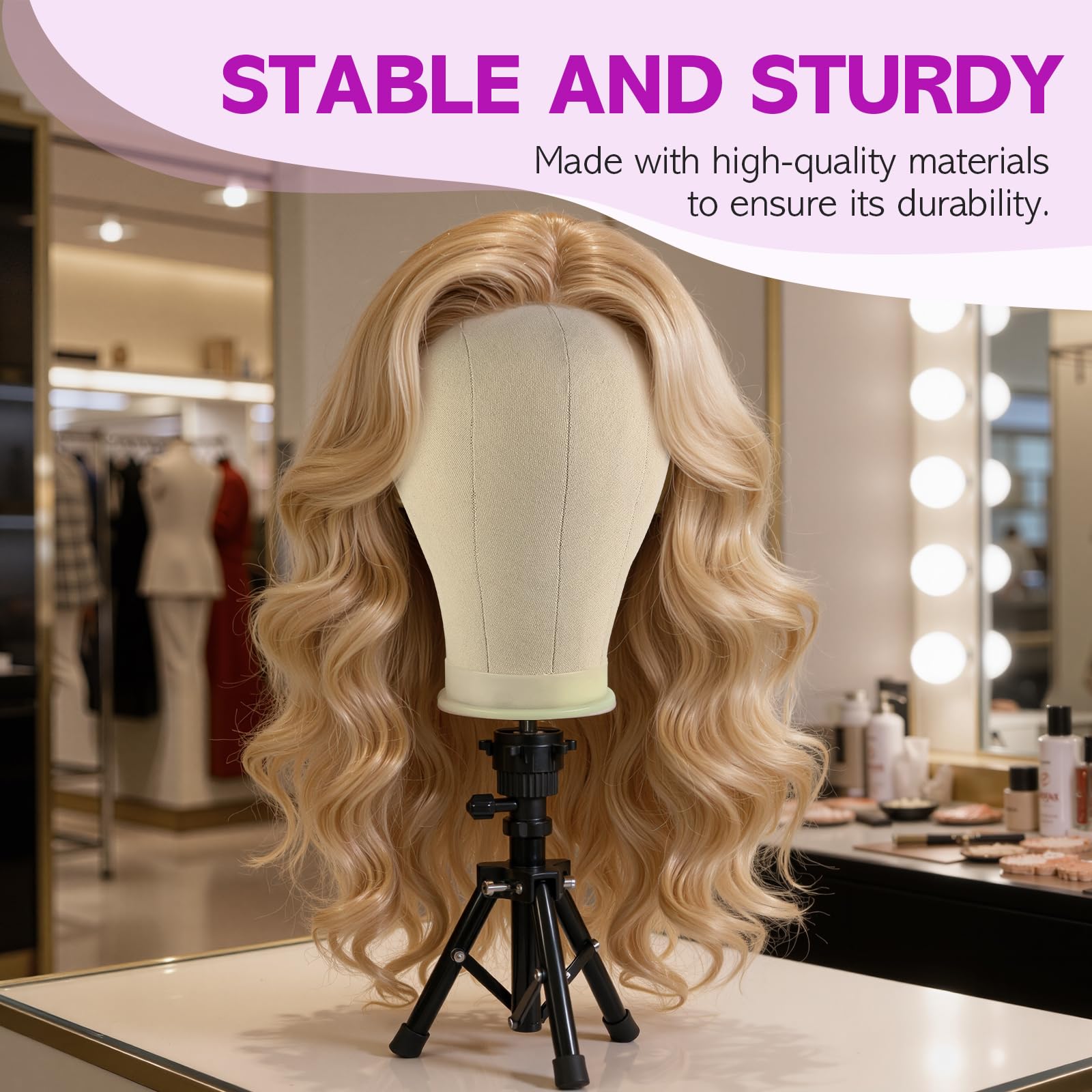 Lavender Blush Wig Stand - Wig Stand with Head Canvas Wig Head Mannequin Head for Heavy Wigs, Wig Head Stand Manikin Head Wig Head for Wigs Making Display Styling(Wig not included), Wig Stand Tripod Height Adjustable