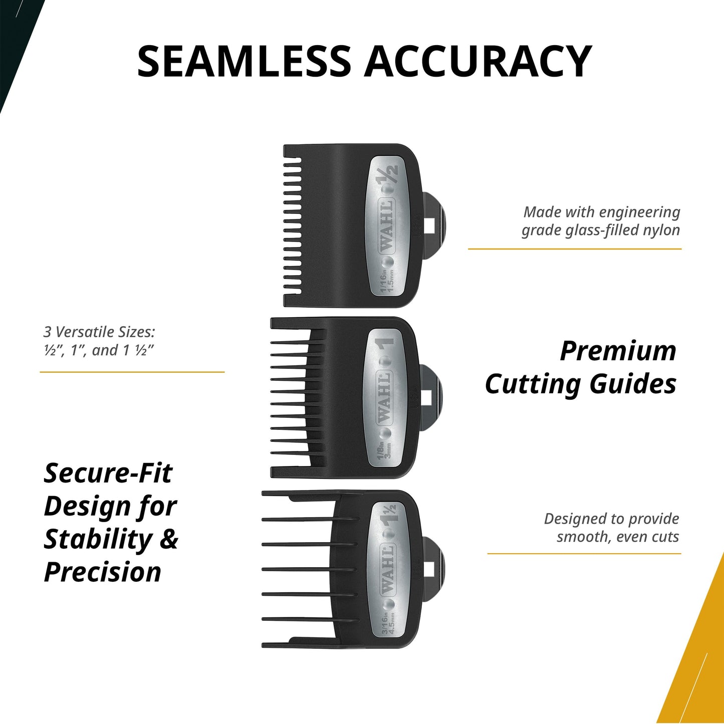 White Smoke Wahl Professional 3 Pack Premium Attachments, Secure-Fit Clipper Comb Set, Durable, Includes 1/2", 1", and 1 1/2" Sizes
