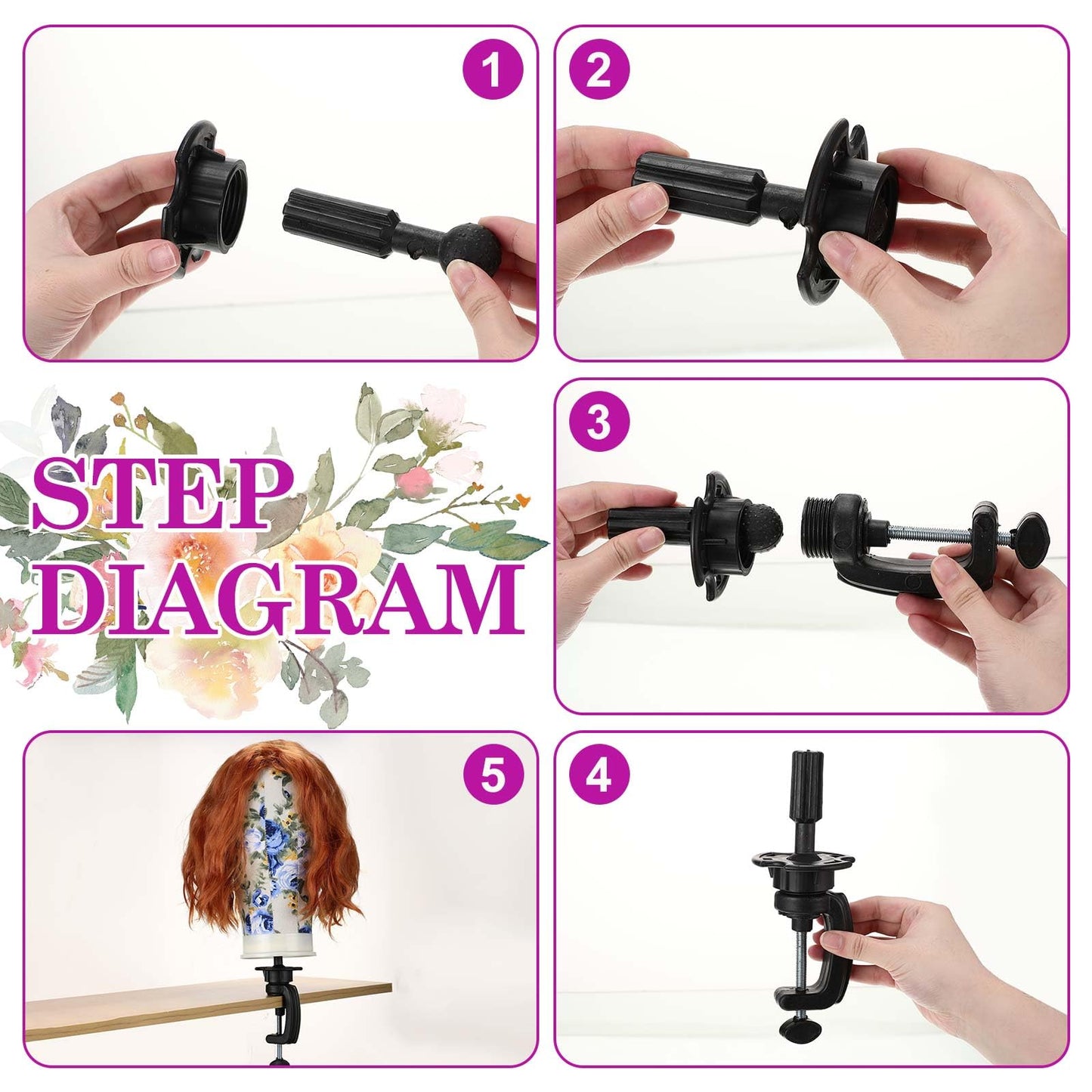 White Smoke DoubleFill 2-Piece Mannequin Heads for Wigs - 22 Inch Canvas Wig Heads with Mount Hole Pins & 2 C Clamp Stand Holder for Lace Wig Making & Display (Floral)