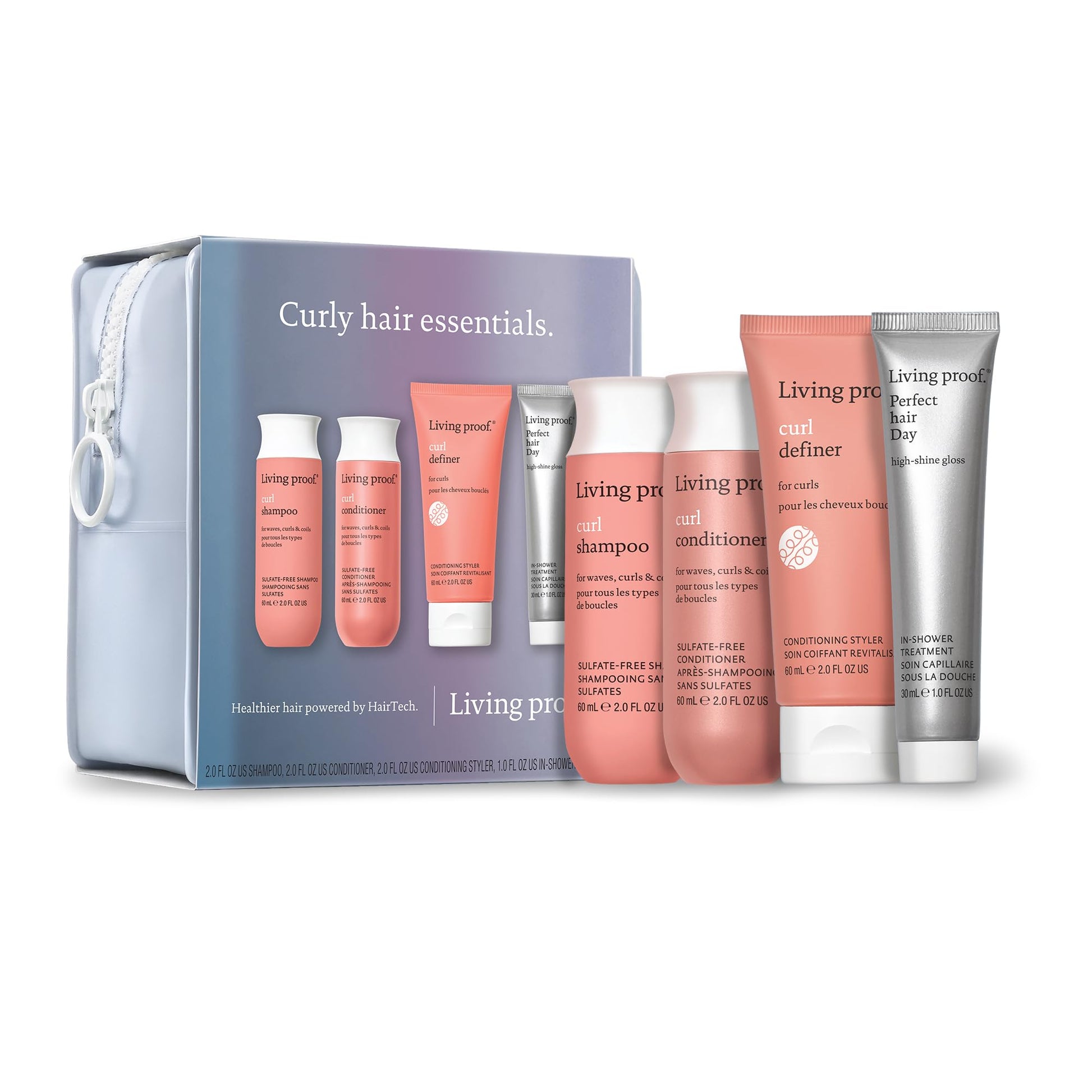 White Smoke Living Proof Curly Hair Essentials Kit - Travel Size Curl Shampoo, Conditioner, Definer and Pefect hair Day Gloss Treatment ($66 value)