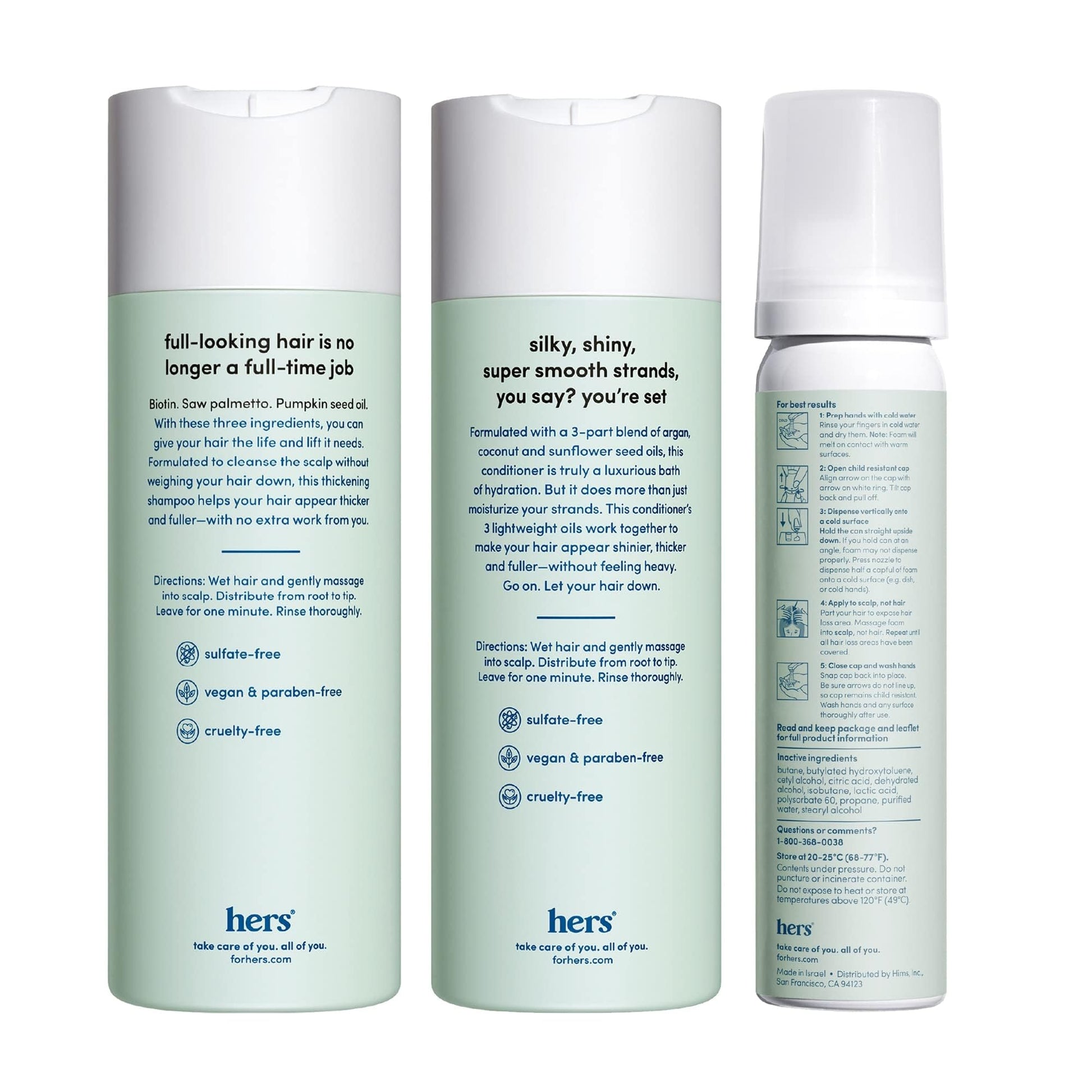 Light Gray hers Triple Threat Shampoo, Conditioner, & Minoxidil Set - Includes 5% Minoxidil Foam Solution - Hair Thickening & Strengthening Formula - Paraben-Free, Vegan, Color-Safe - 3 Count