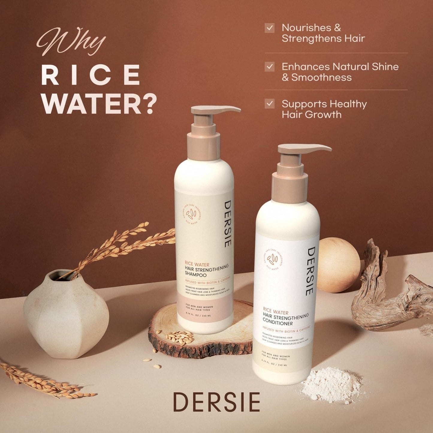 Saddle Brown Rice Water Hair Growth Shampoo and Conditioner: Rice Water Shampoo for Hair Loss - Hair Growth Shampoo and Conditioner Infused with Biotin and Caffeine for Thinning Hair (17.58 Fl Oz (Pack of 1))