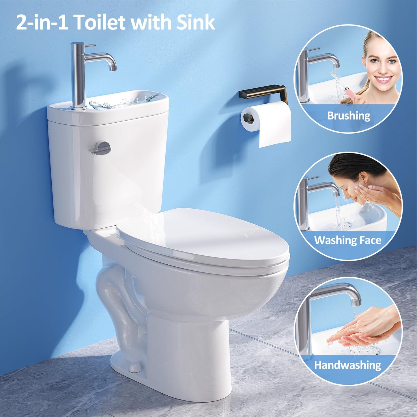 Light Steel Blue Simple Project Modern Elongated Toilet with Sink, 3-IN-1 Faucet Toilets with 12 Inch Rough IN & 1.28 GPF Single Flush, 17 Inch Tall Toilet Sink Combo for Small Bathrooms (Include Faucet)