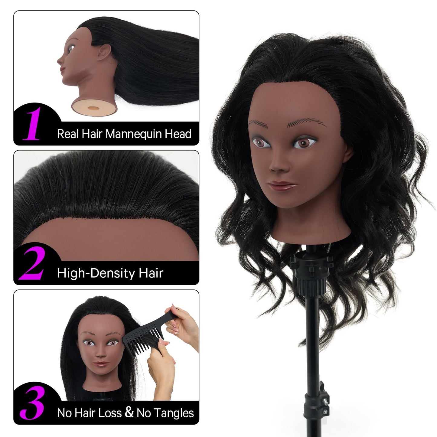 White Smoke 18" Mannequin Head Human Hair with Stand - 100% Real Human Hair Mannequin Head for Braiding, Cosmetology Manikin Doll Head for Hair Styling with Tripod Stand Table Clamp Hair Braiding Set,Black