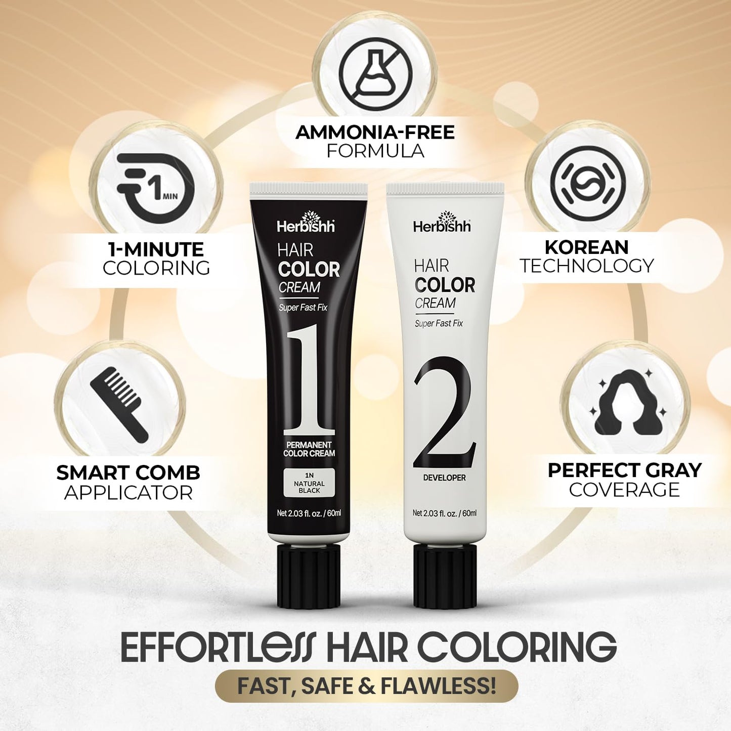 White Smoke Herbishh 1-Minute Korean Hair Dye Cream & Developer (2.03 fl oz Each) Natural Black - Permanent Color for Hair Root Touch Up & Full Hair Gray Coverage, Ammonia-Free Hair Dye Kit for Women & Men