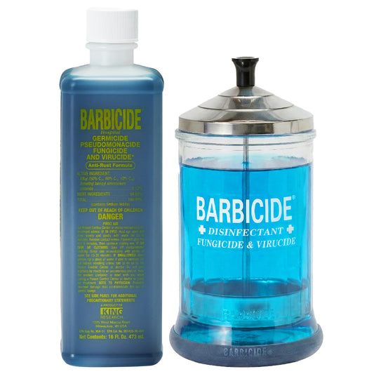 White Smoke BARBICIDE Disinfectant Jar and Concentrate Starter Set (21 Oz Jar + 16 Fl Oz)– Professional Salon, Spa & Barber Tool Sanitizing Kit
