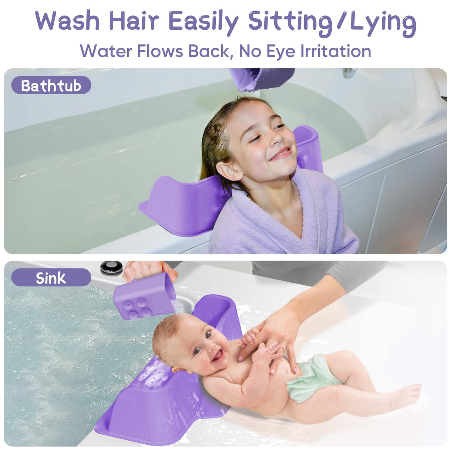 White Smoke Portable Hair Washing Station for Kids, Toddlers, Children, Teens, Silicone Hair Washing Basin for Sink or Bathtub, Tear-Free Shampoo Bowl with Rinser Cup, Neck Support for Kids, Purple