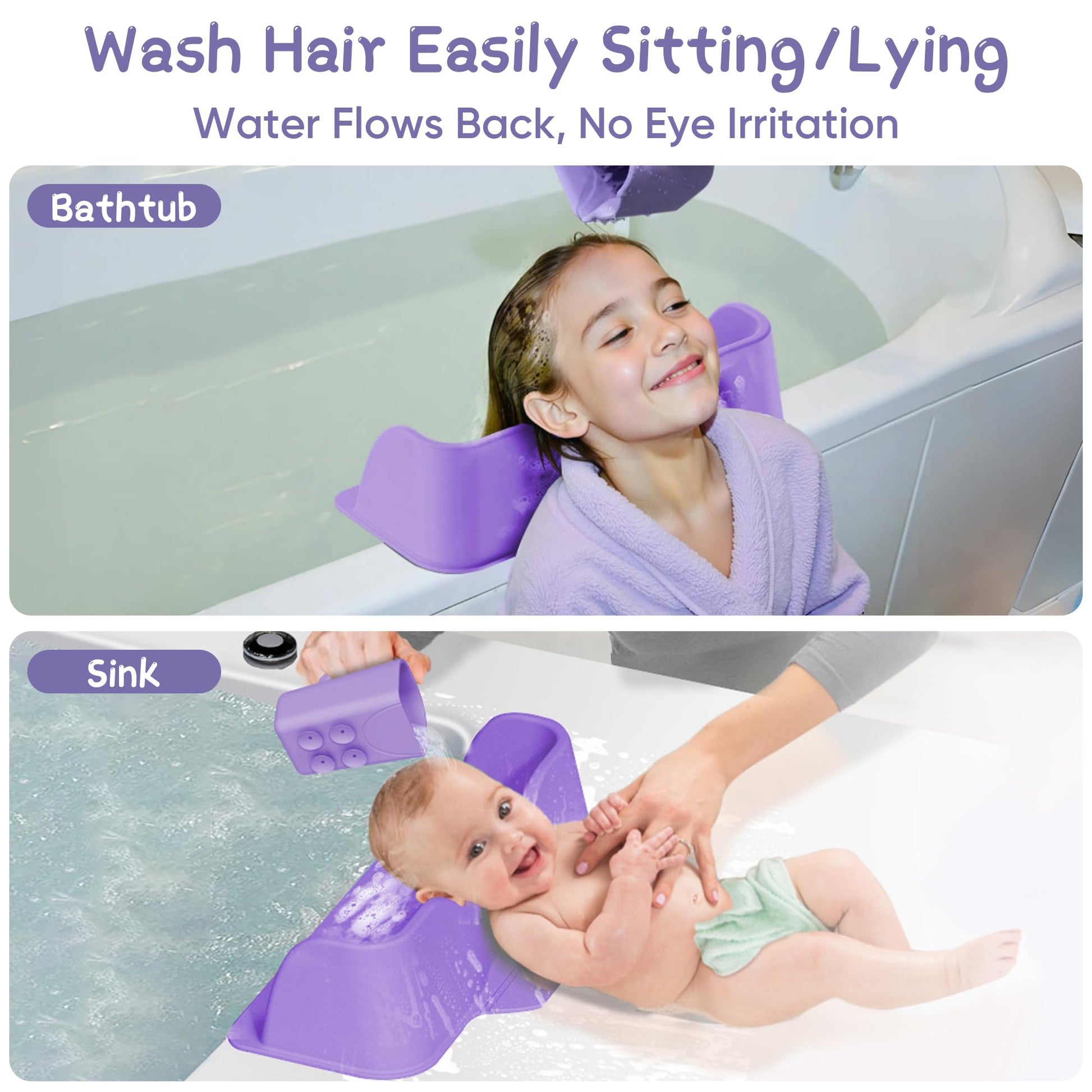 White Smoke Portable Hair Washing Station for Kids, Toddlers, Children, Teens, Silicone Hair Washing Basin for Sink or Bathtub, Tear-Free Shampoo Bowl with Rinser Cup, Neck Support for Kids, Purple