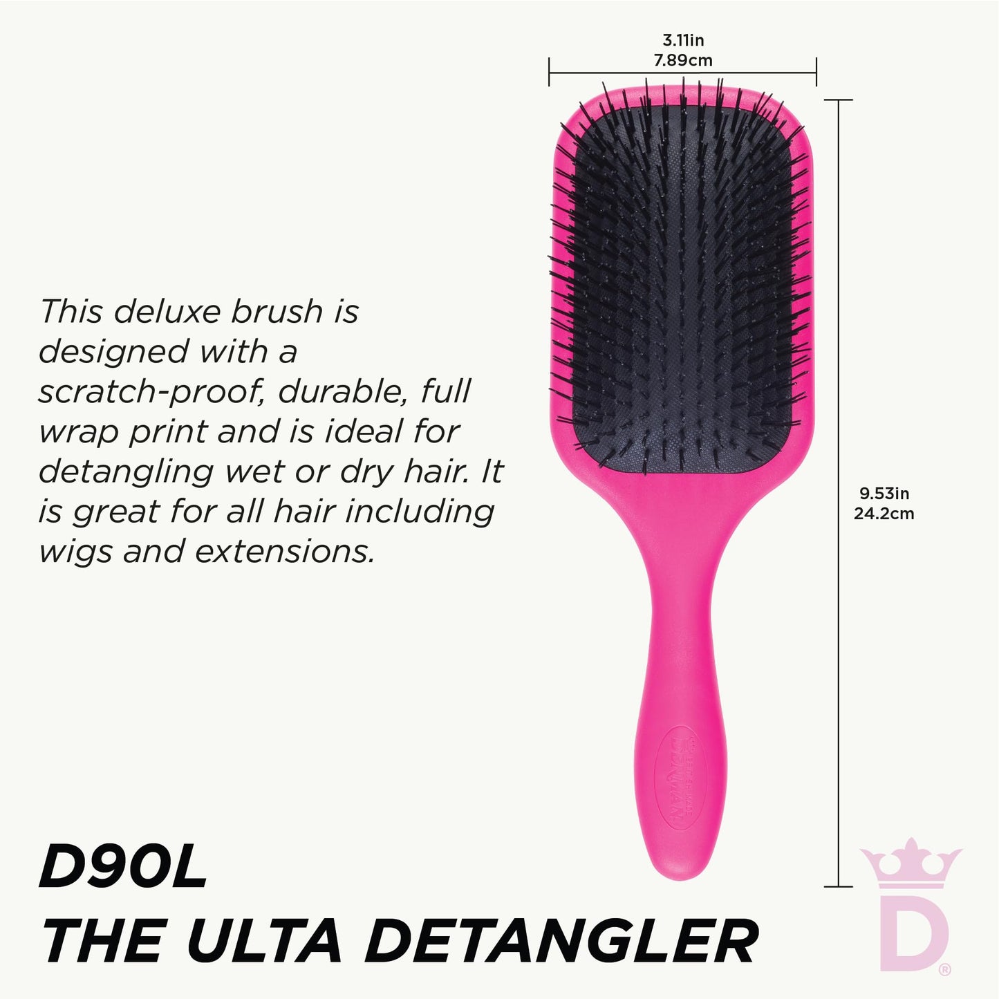 White Smoke Denman Tangle Tamer Ultra (Pink) Detangling Paddle Brush For Curly Hair And Black Natural Hair - use with both Wet & Dry Hair, D90L