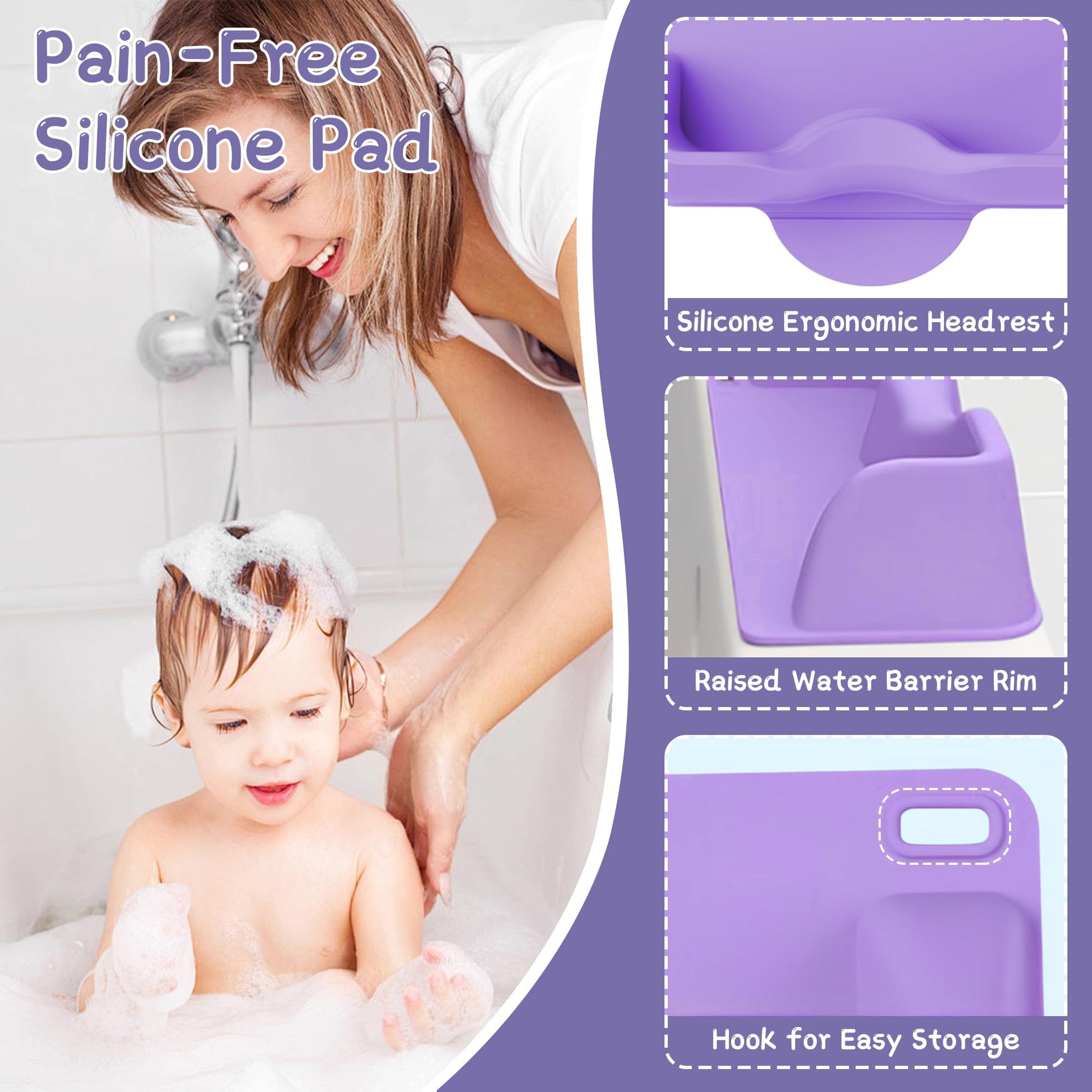 Light Gray Portable Hair Washing Station for Kids, Toddlers, Children, Teens, Silicone Hair Washing Basin for Sink or Bathtub, Tear-Free Shampoo Bowl with Rinser Cup, Neck Support for Kids, Purple