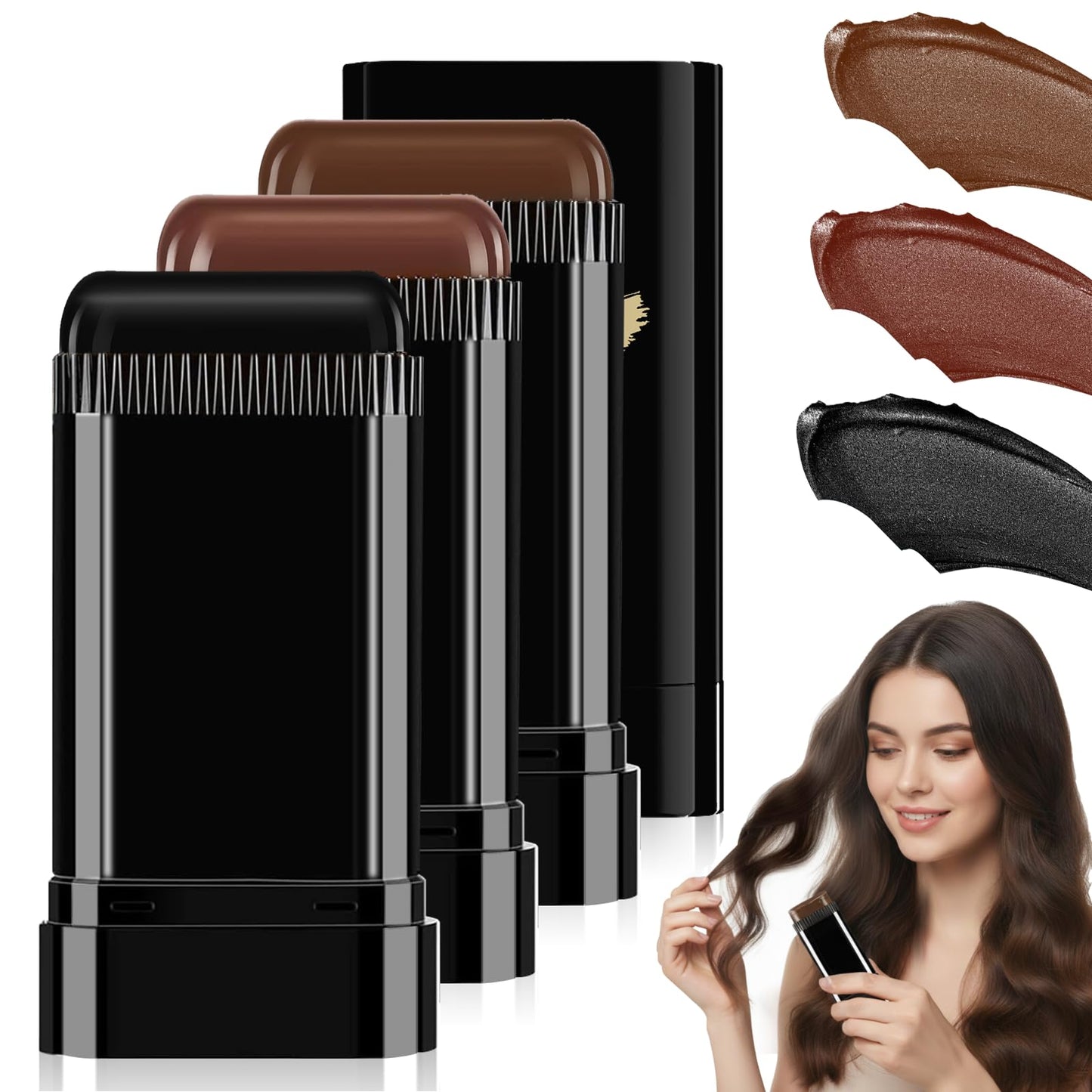 Black 3PCS 2 in 1 Instant Hair Color Stick, Waterproof and Sweat Proof Hair Dye Stick, Portable 3 Color Touch-Up Hair Sticks With Comb for Women Men