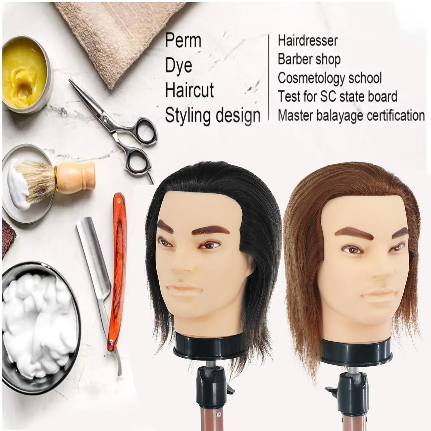White Smoke Barber Mannequin Head - 12'' Practice Head with Human Hair, Clamp Stand for Hairdresser Cutting & Styling