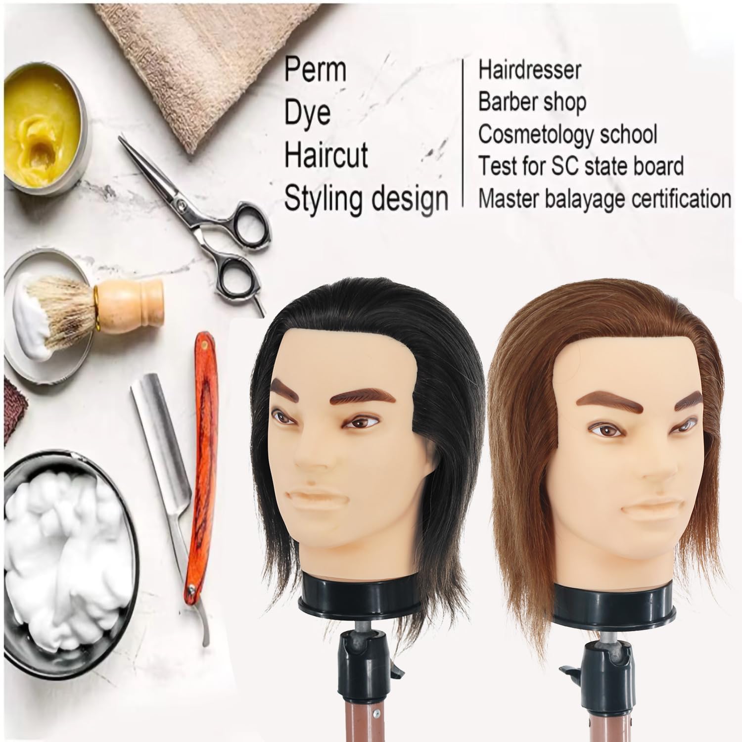 White Smoke Barber Mannequin Head - 12'' Practice Head with Human Hair, Clamp Stand for Hairdresser Cutting & Styling