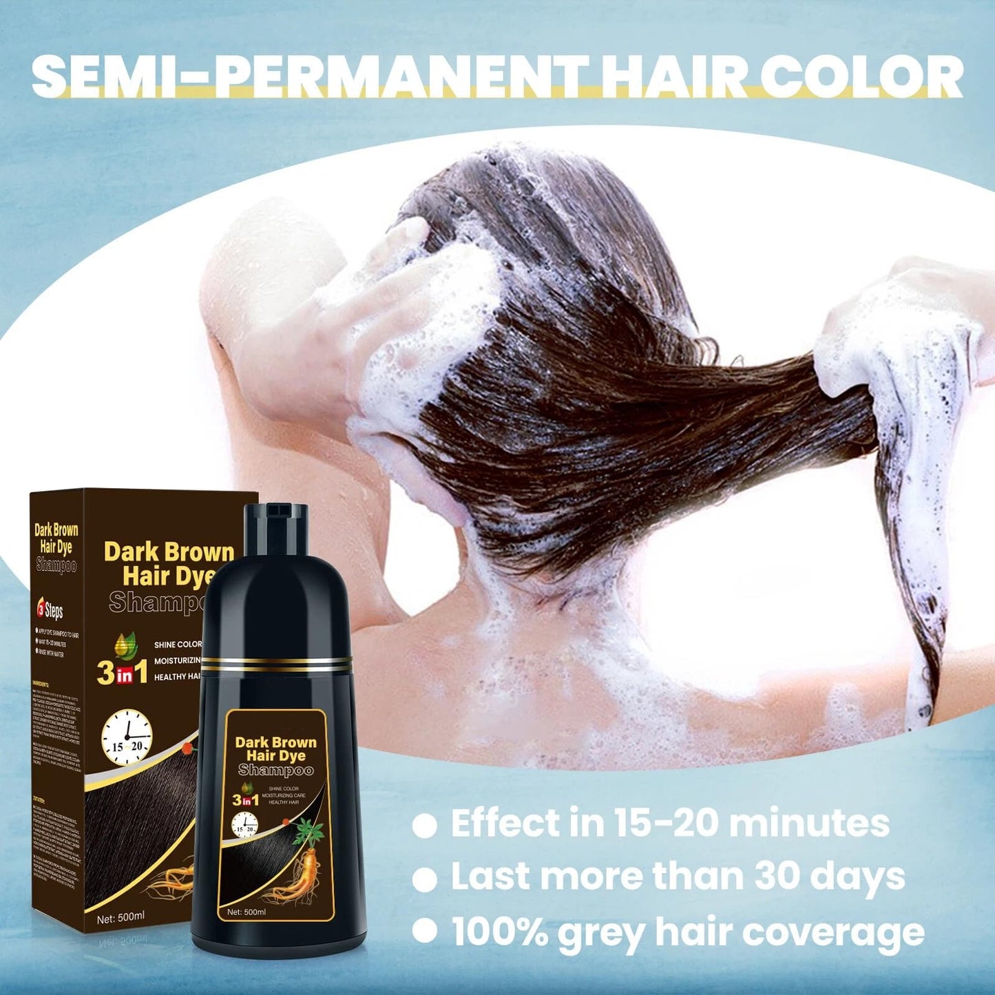 White Smoke BOJICA Hair Dye Shampoo for Gray Hair Coverage, 3-in-1 Semi-Permanent Color Shampoo for Women & Men Dark Brown