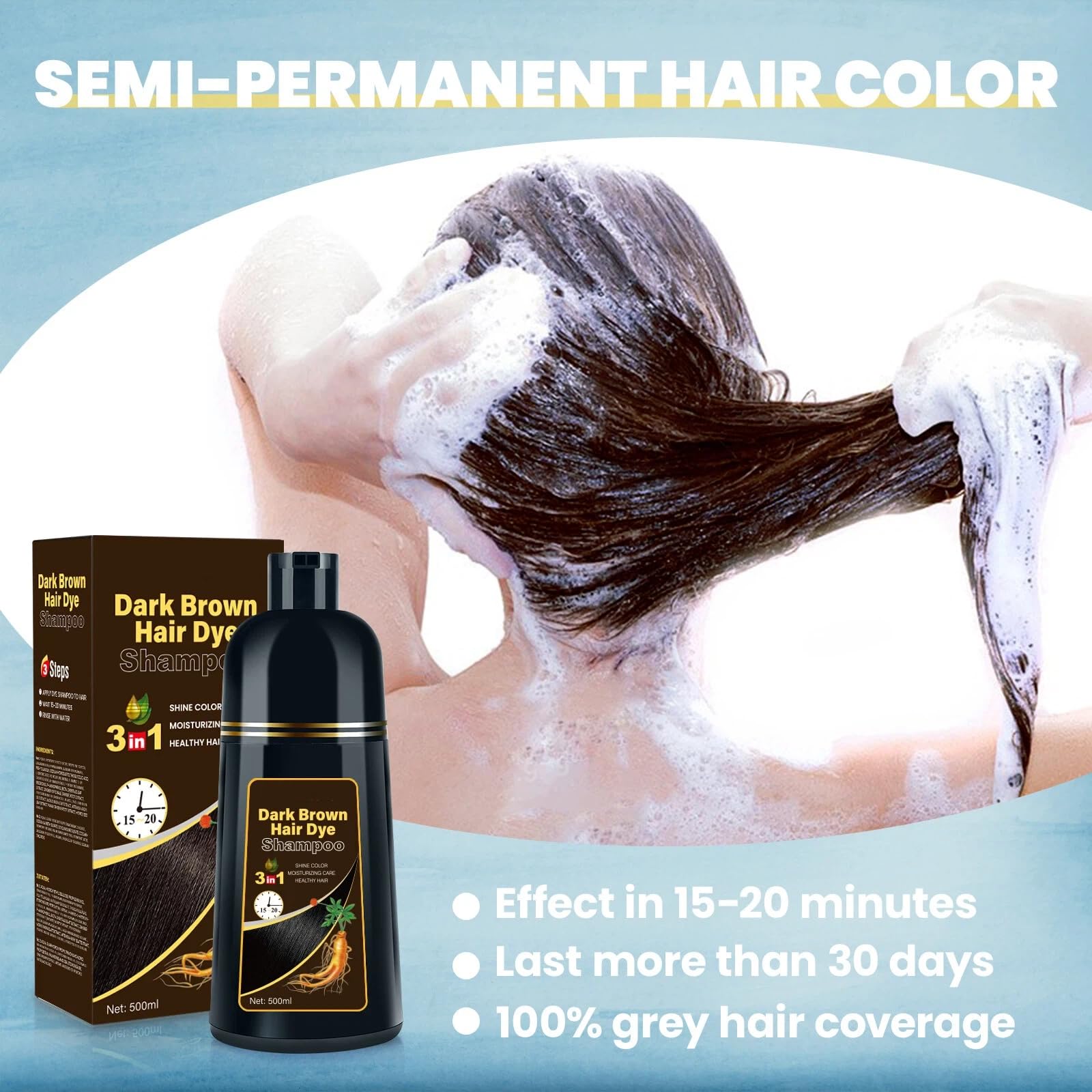 White Smoke BOJICA Hair Dye Shampoo for Gray Hair Coverage, 3-in-1 Semi-Permanent Color Shampoo for Women & Men Dark Brown