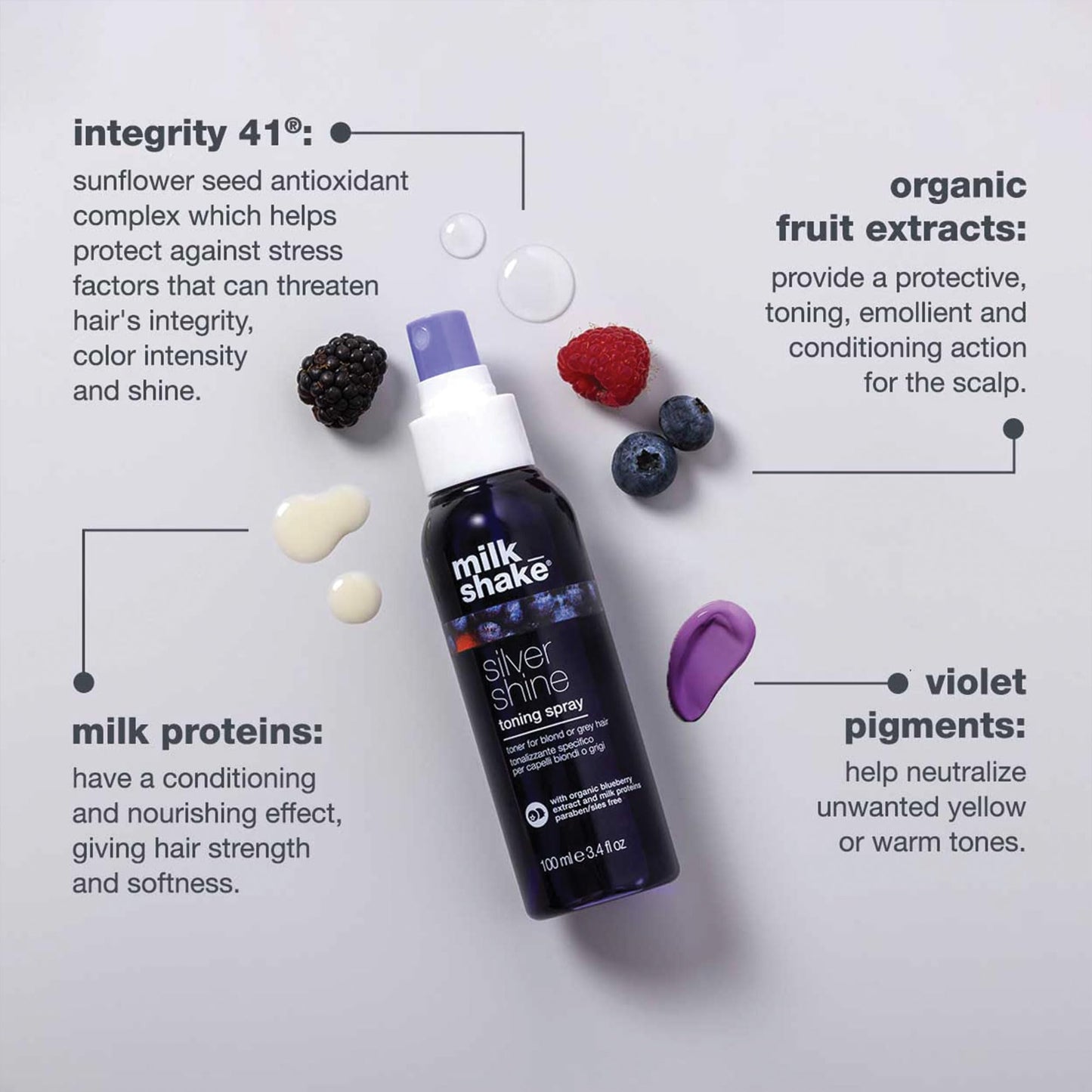 Light Gray milk_shake Silver Shine Toning Spray - Platinum Hair Violet Pigment Spray | Counteracts Unwanted Yellow/Golden Tones| Strengthens and Hydrates | 3.4 fl oz (100 ml)