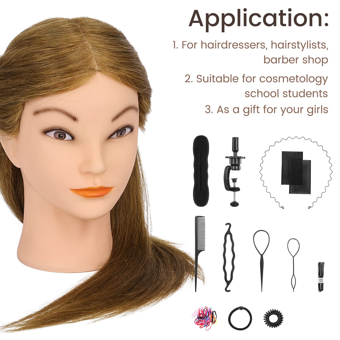 White Smoke Mannequin Head with 100% Real Hair for Cosmetology, CENOZ 18" Light Brown Hairdresser Training Head with Clamp Holder and Tool, Doll Head Mannequin Head for Hair Styling Practice