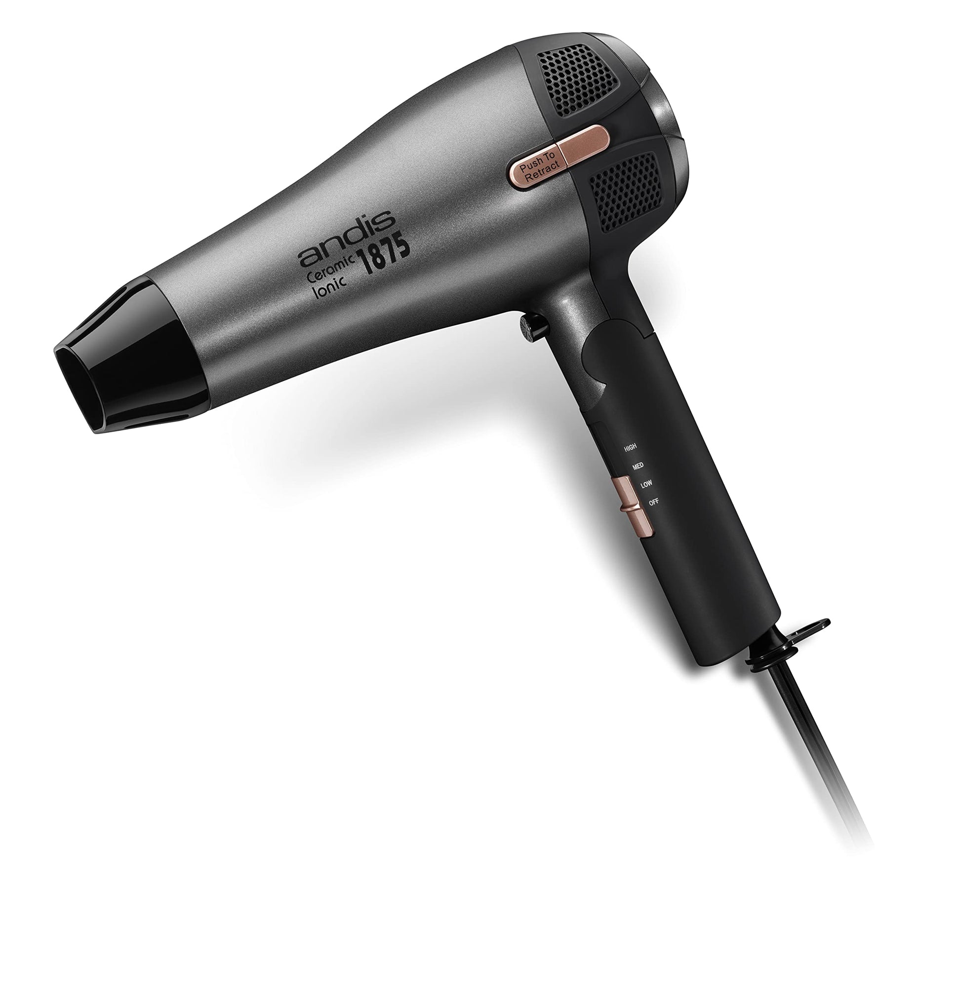 White Smoke Andis 80280 Fold-n-go 1875 Watt Ceramic Ionic Dryer, Retractable Cord, Lightweight with Professional Blowout Results, Quick Drying Blow Dryer, Black/Silver