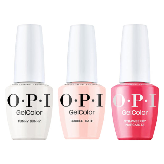 White Smoke OPI GelColor Iconic Shades Gel Nail Polish Trio Bundle | Strawberry Margarita, Opaque Bright Pink + Bubble Bath, Sheer Nude Pink + Funny Bunny, Soft White Crème UV Cure Gel Polish Colors