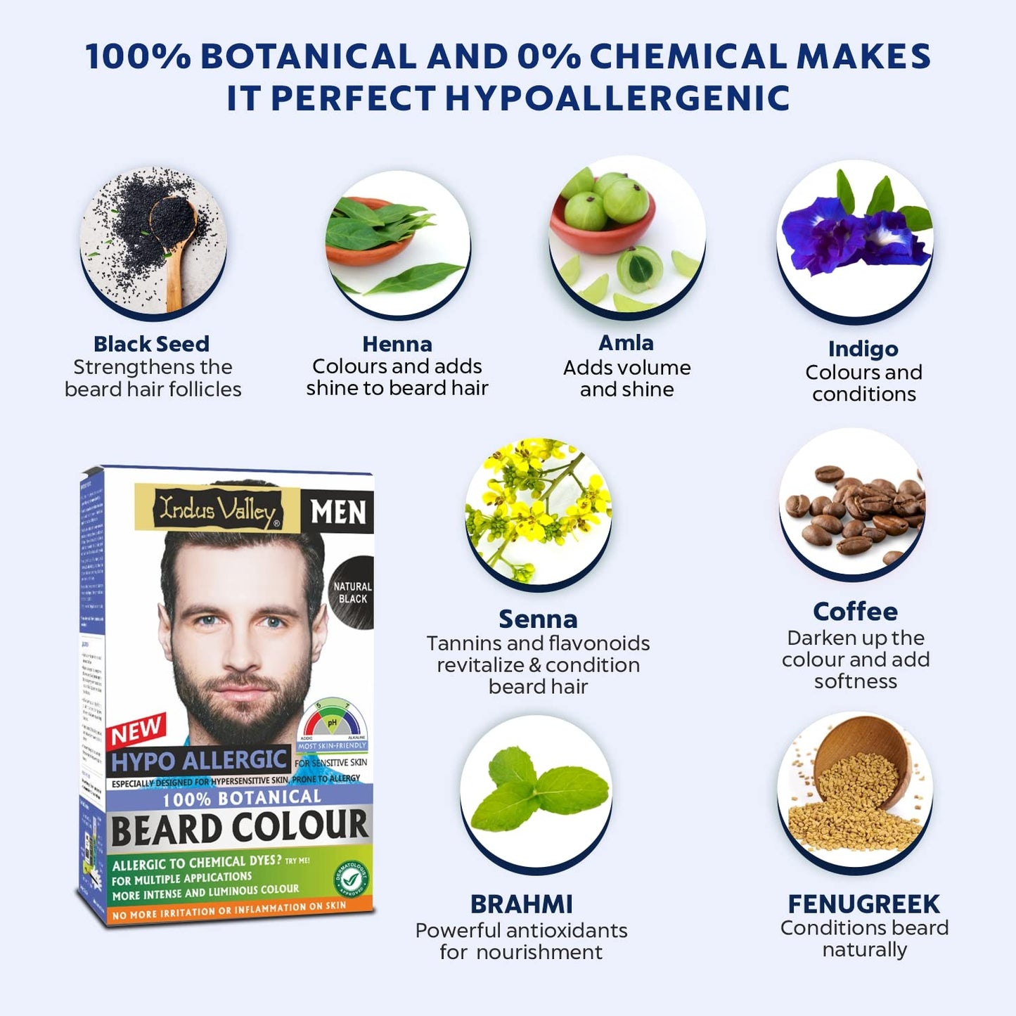 Lavender Indus Valley 100% botanical Hypo Allergic Beard Color for Men, Men's Natural Beard Hair Coloring Kit, Amonia & PPD Free Made up of 8 Organic Ingredients, Vegan Free (100g+ 15ml)(Black)